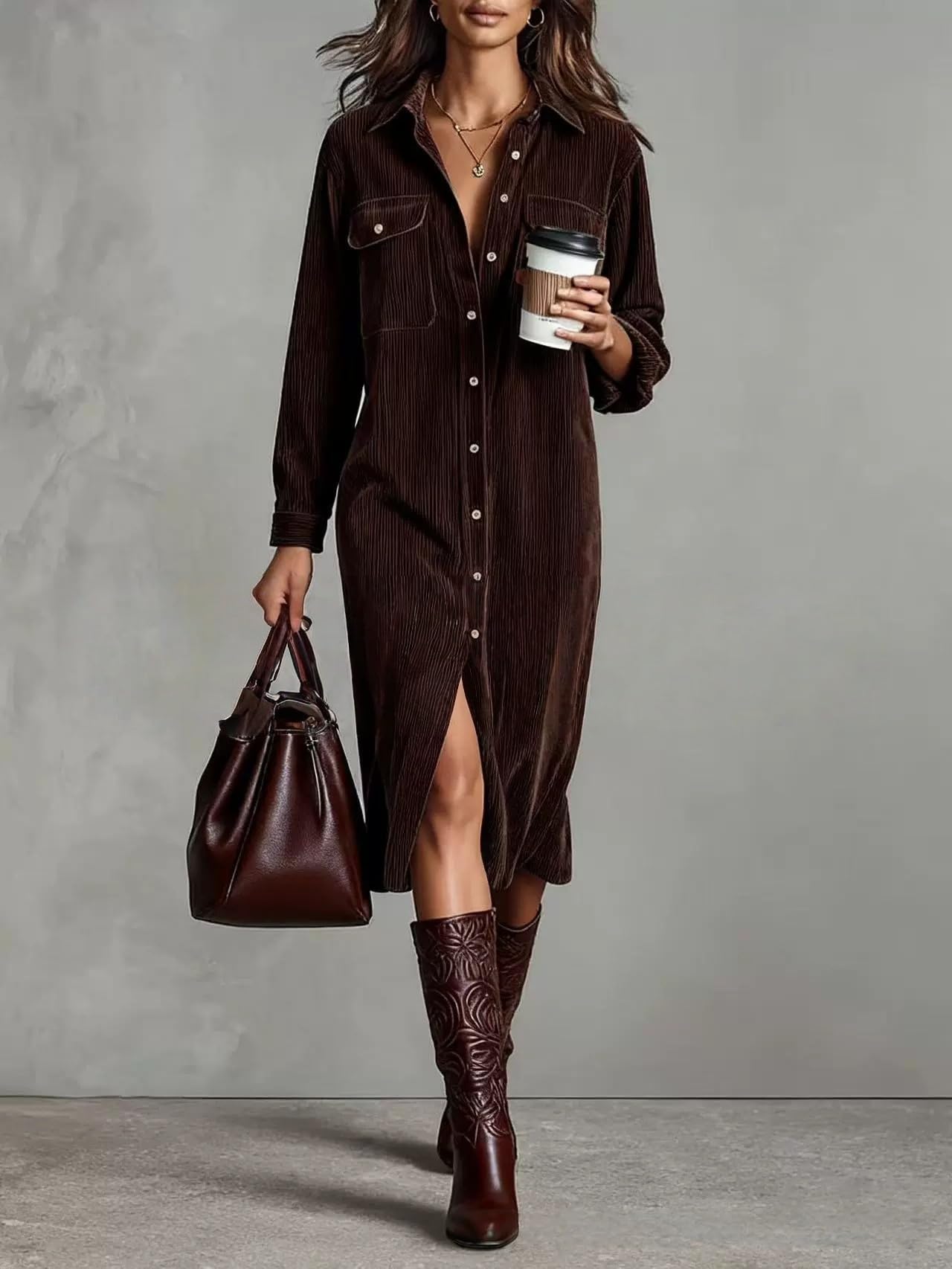 Generico Abito Camicia Midi in Velluto a Coste con Bottoni da Donna | Abito midi casual e ampio, stile tunica, con colletto e bottoni, ideale per autunno e primavera; dotato di tasche.