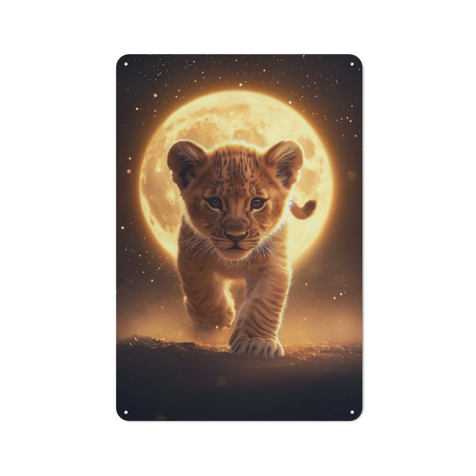 Junmoney Lion Cub Under Full Moon Metal Sign 30X20cm With For Home Bar Wall, Vintage Decor, Wall Decoration For Home Bars And Entertaining Spaces