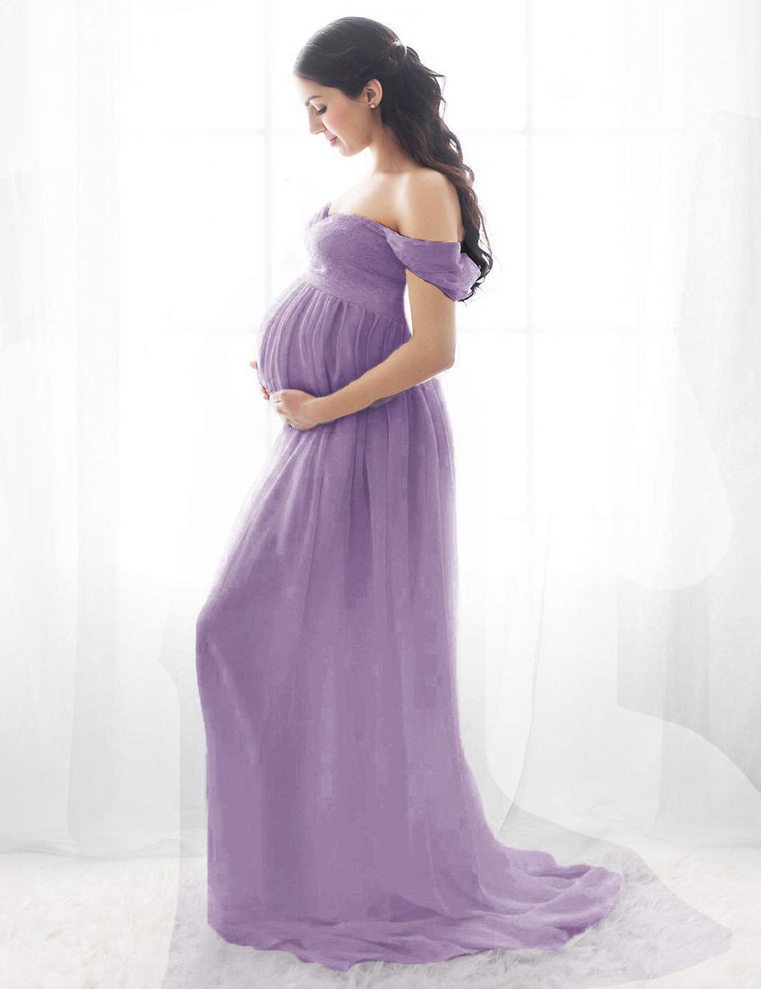 FEOYA-Abiti da Donna Incinta Spacco sul Davanti Estate maternità Abiti con Spalle Scoperte Gonne Fotografiche Foto in Chiffon Spara Oggetti di Scena Abito Lungo Abito Lungo in Pizzo Indietro