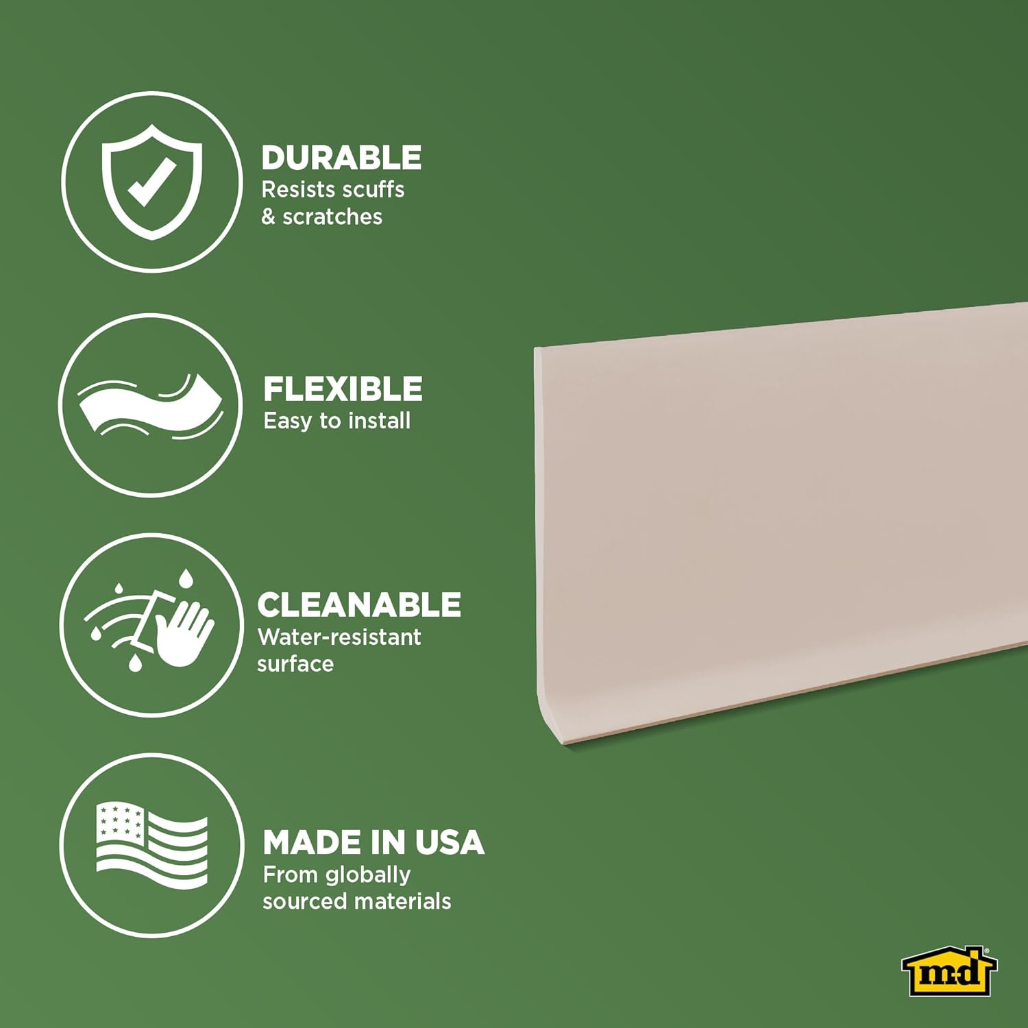 M-D Building Products 4-Inch x 4-Feet Dry Back Vinyl Wall Base, Flexible Dry Back Vinyl Trim with Toe - Easy Install Molding Trim for Floors and Baseboards, Desert Beige (75259)
