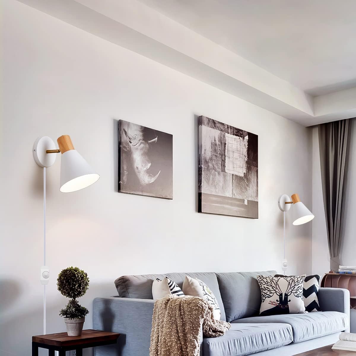 EaEa Retro Innen Wandleuchte Vintage mit Kabel, E27 Wandlampe aus Metall und Holz mit Schalter und Stecker, Verstellbare Nachttischlampe Wand Leselampe Wandspot für Schlafzimmer Wohnzimmer Hotel,Weiß