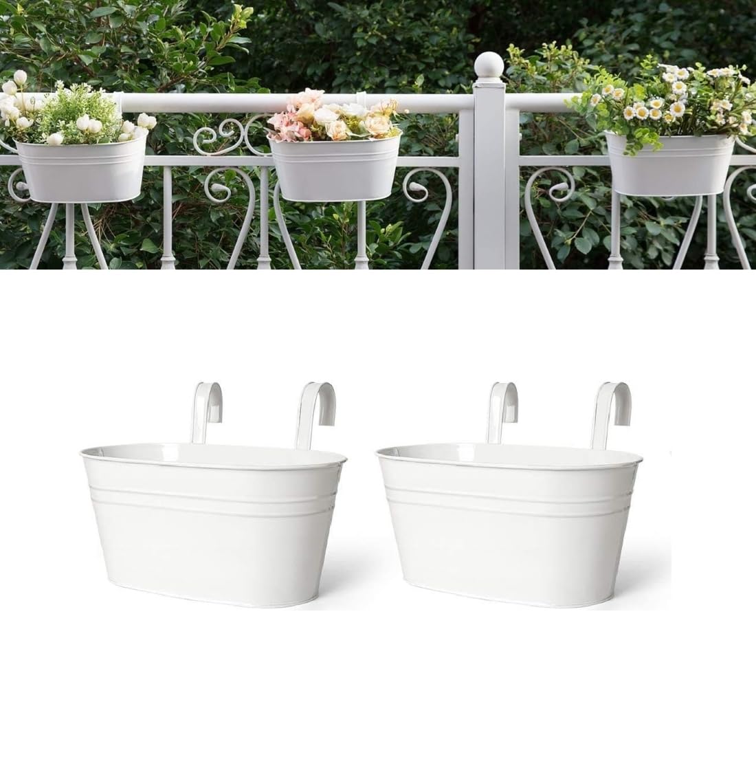 PRIME KRAFTS 12 INCH Anti Rust Railing Oval Planter for Balcony & Garden with Detachable Handle | Hanging Flowerpot Holder | Metal Wall Planter | Indoor and Outdoor Plant Container (White - Pack of 2)