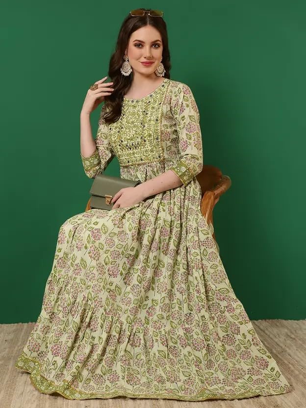 Image of Women Rayon Regular Fit Floral Printed Mirror Work Tiered Anarkali Kurta