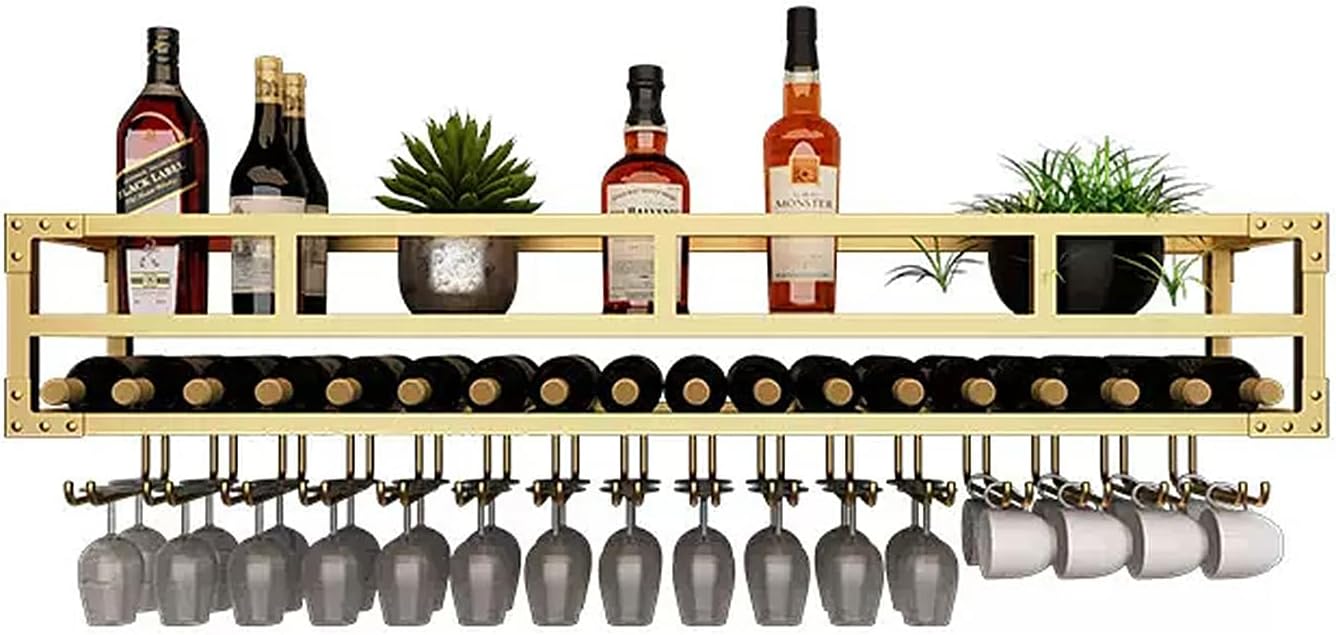 Wall Mounted Wine Rack, 2 Tier Iron Wine Bottle Shelf with Stemware