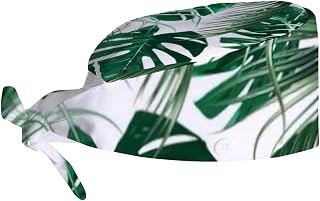 Adjustable Working Cap with Buttons and Sweatband Tropical Palm Jungle Leaf,Work Hats Tie Back Hats for Women Men,Long Hair Bandage Cap