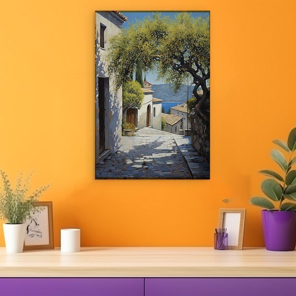 Canvas for Living room. Mediterranean Serenity in Bloom: Discover the Charm of a Village Cobblestone Passage, 27 x 18 inch Canvas Wall Art - Modern Home Decor