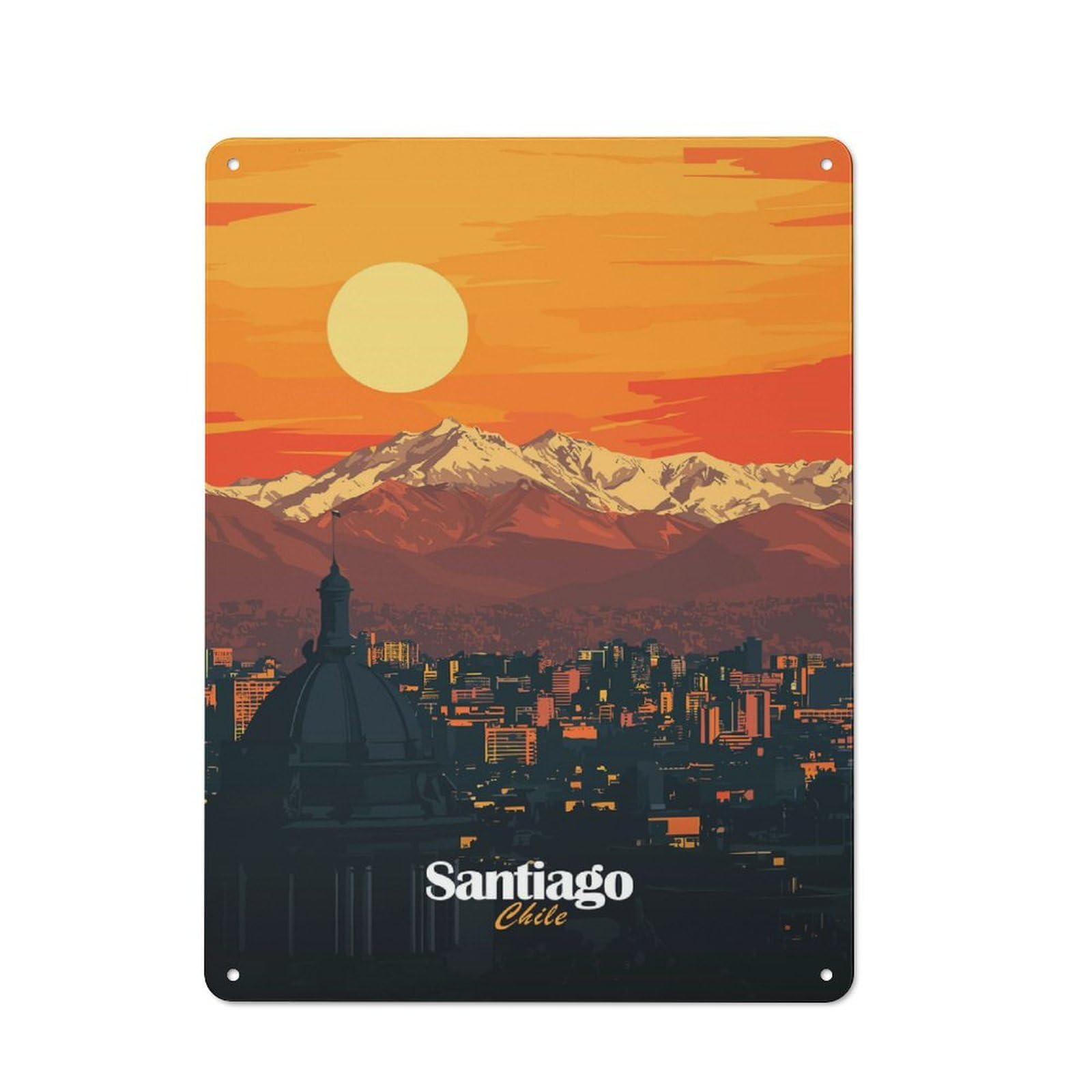 Junmoney Style-12 Santiago, Chile Sunset Metal Wall Plaque 40X30cm, Vintage Nostalgic Wall Art For Bedroom, Office, Home Bar Or Dining Room