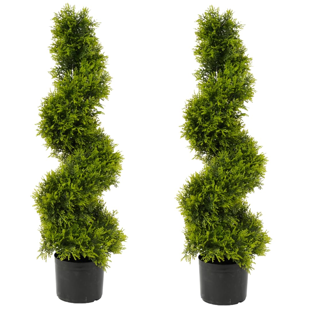 Best Artificial Silver Pair Of 90Cm 3Ft Cedar Conifer Spiral Topiary Trees Alt Boxwood Buxus **Uv Fade Protected**