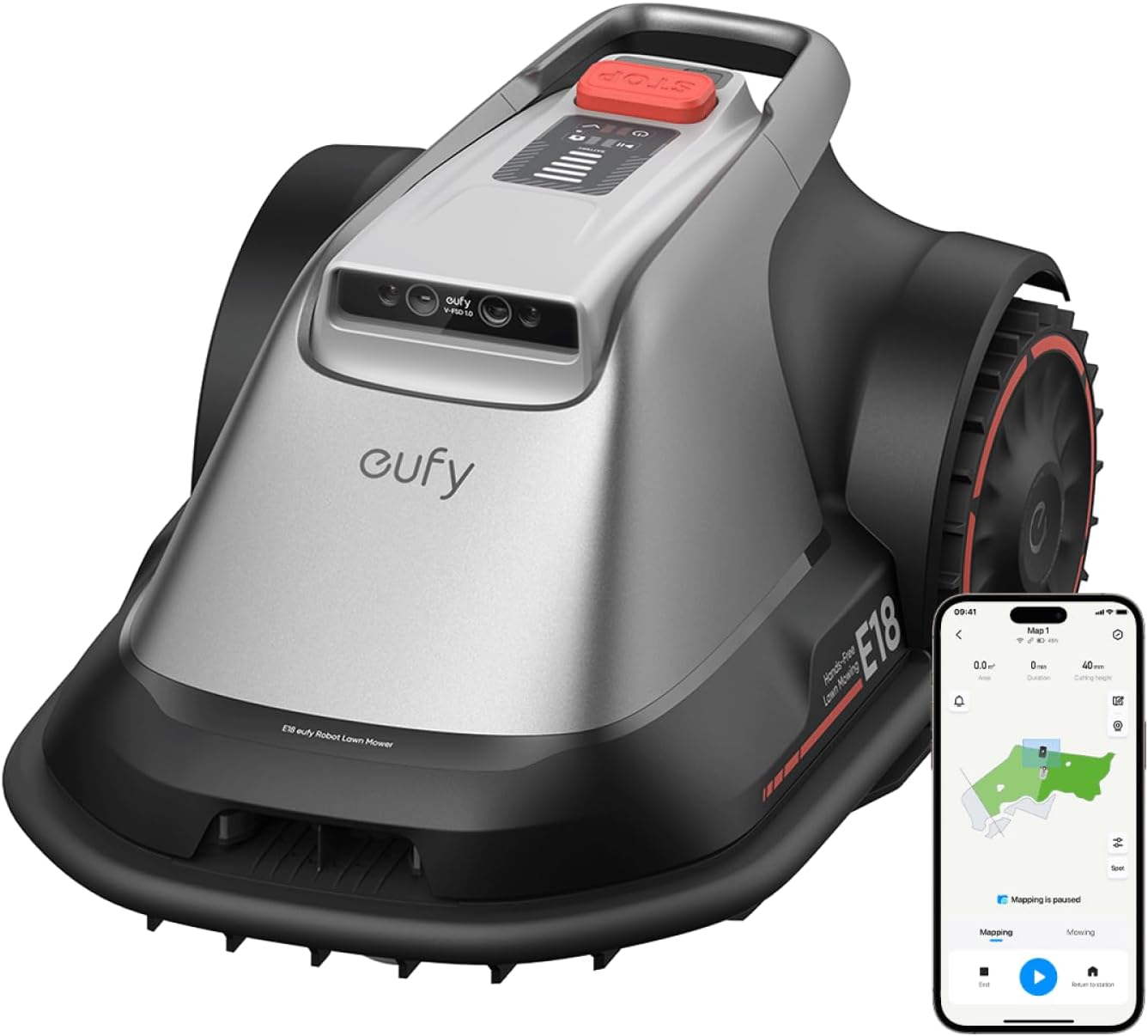 eufy Robot cortacésped E18 sin cable de limitación, Sin fallas de señal, sin RTK, Tecnología TrueVision, Sistema GNSS, Jardín de hasta 1200 m², Corte Preciso Bordes, Evita Obstáculos, Controllo App E18: fino a 1200 m²