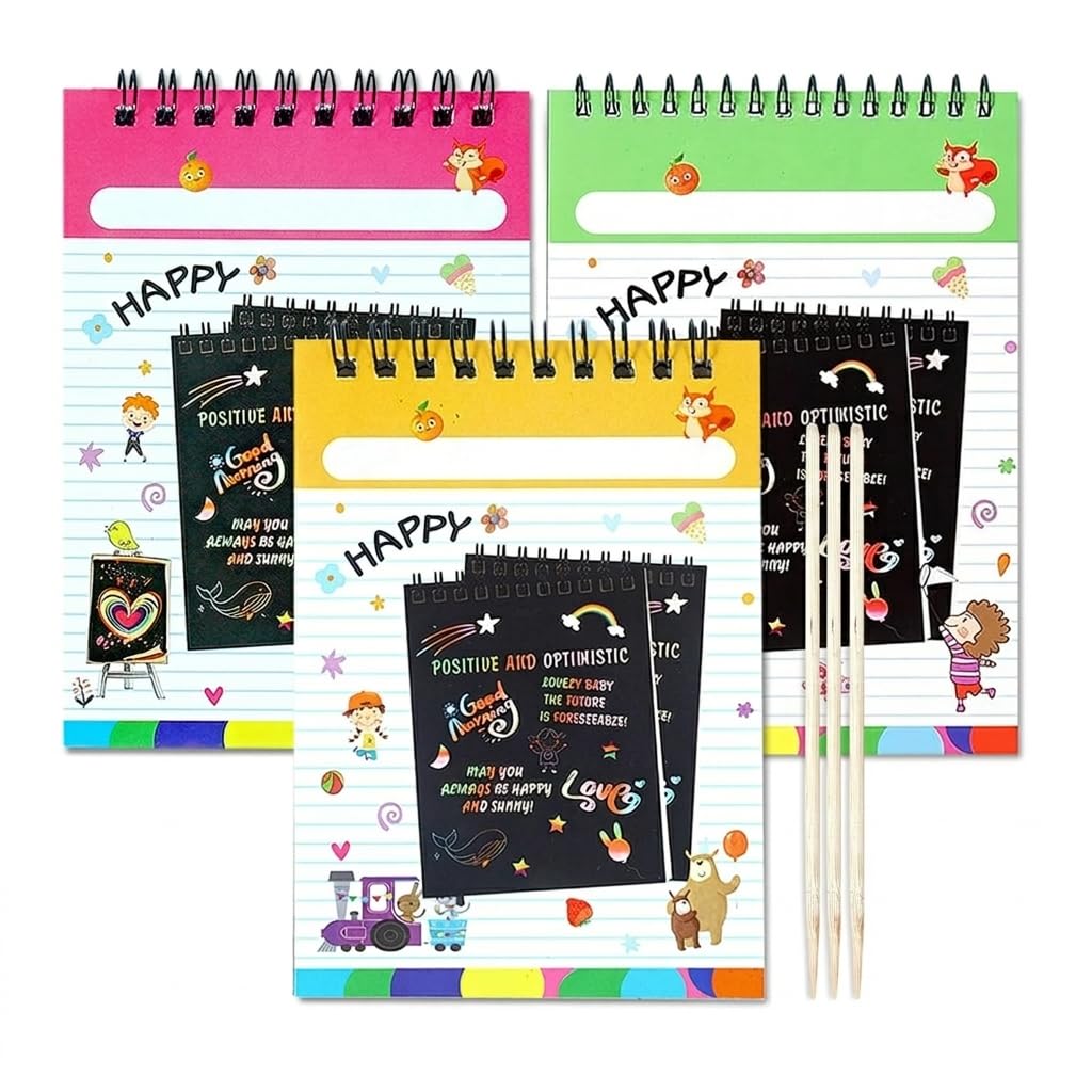 GLUN® Scratch Notebook with 3 Wooden Sticks, Scratch & Visible Magical Rainbow Colour, Educational Books for Growing Kids, Kids Birthday Return Gifts Pack 3
