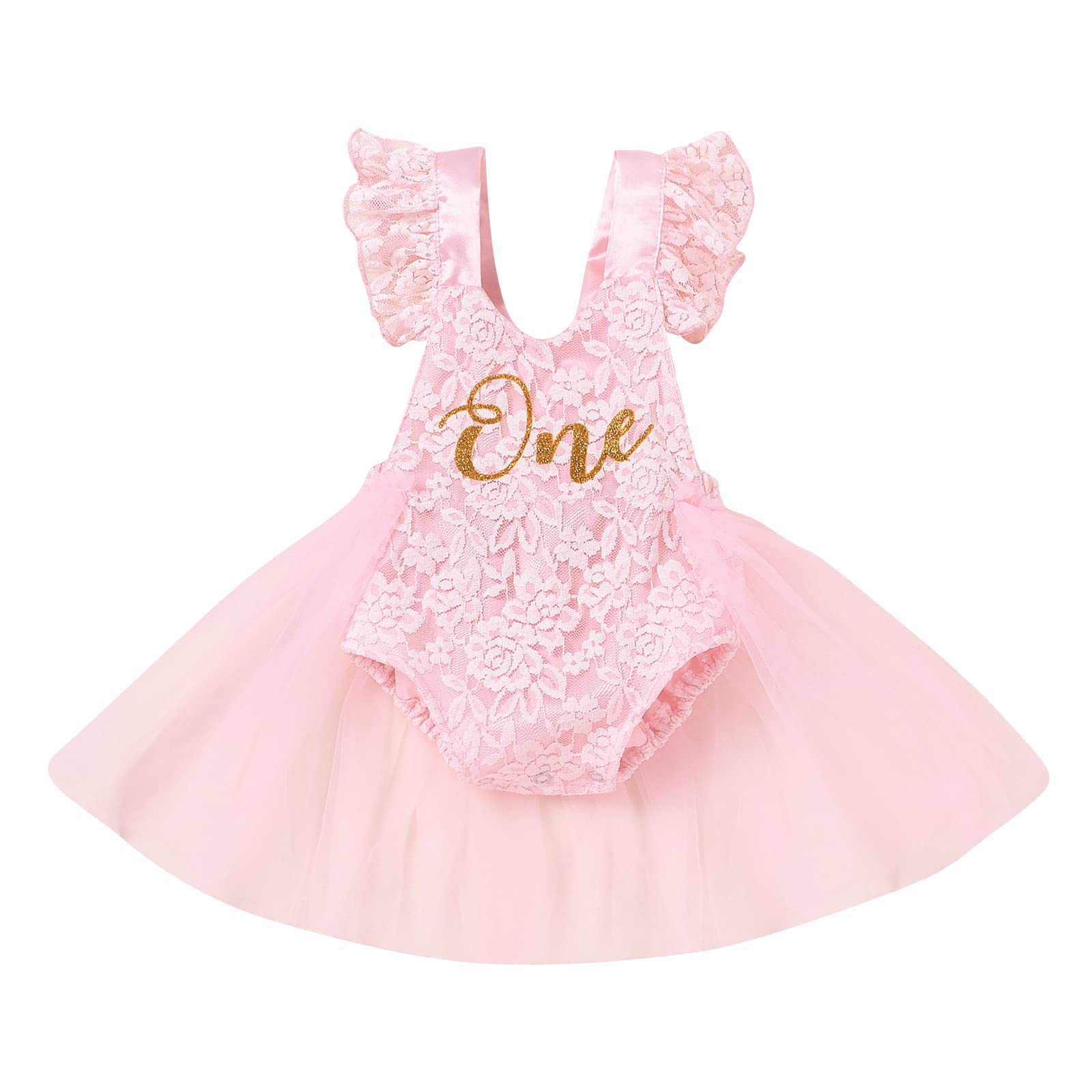 Onderful 1st Birthday Girl Outfit Cake Smash Boho Rainbow First Birthday Dresses Princess Floral Party Supply Lace Romper Mini Tutu Skirt Summer Toddler Baby One Year Old Photoshoot Pink 12-18 Months