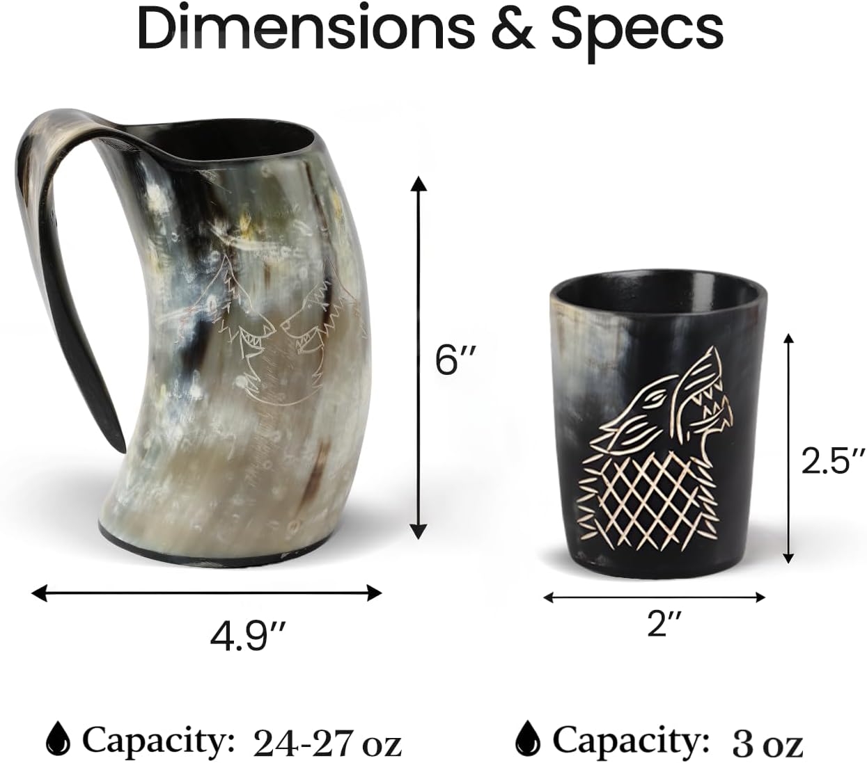 Handicrafts Home Viking Drinking Horn Mug with Handle, Beer Horn Tankard, Medieval Norse Decor Gift for Men, Dad, Husband, Medieval Viking Horn Drinking Mug for Mead, Coffee & Wine - Twin Wolf 6”