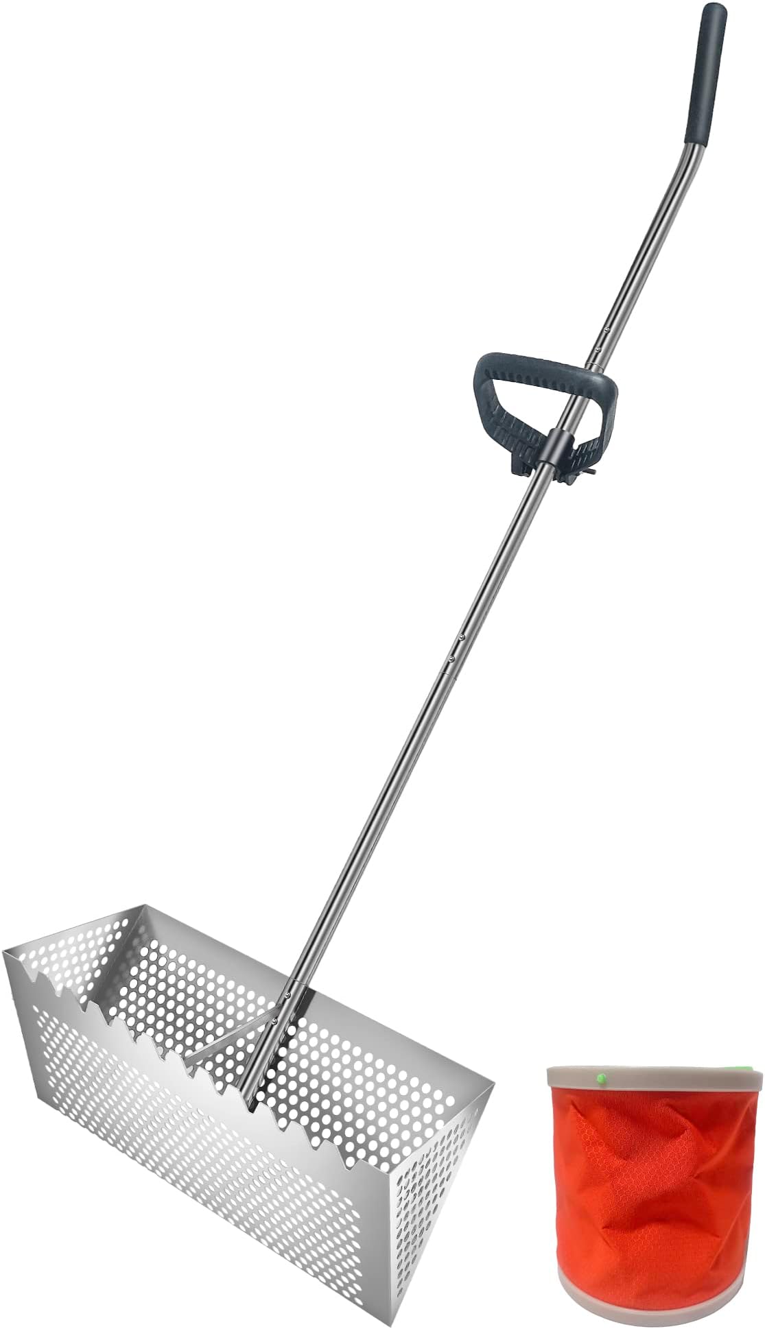 THILEMON Sand flea rake 304 Stainless Steel , 16-inch Wide Basket with Sharp Teeth,Detachable 47-inch Long Handle, Fishing-Grade rake, with Foldable Fishing Bucket and Labor-Saving Black Handle