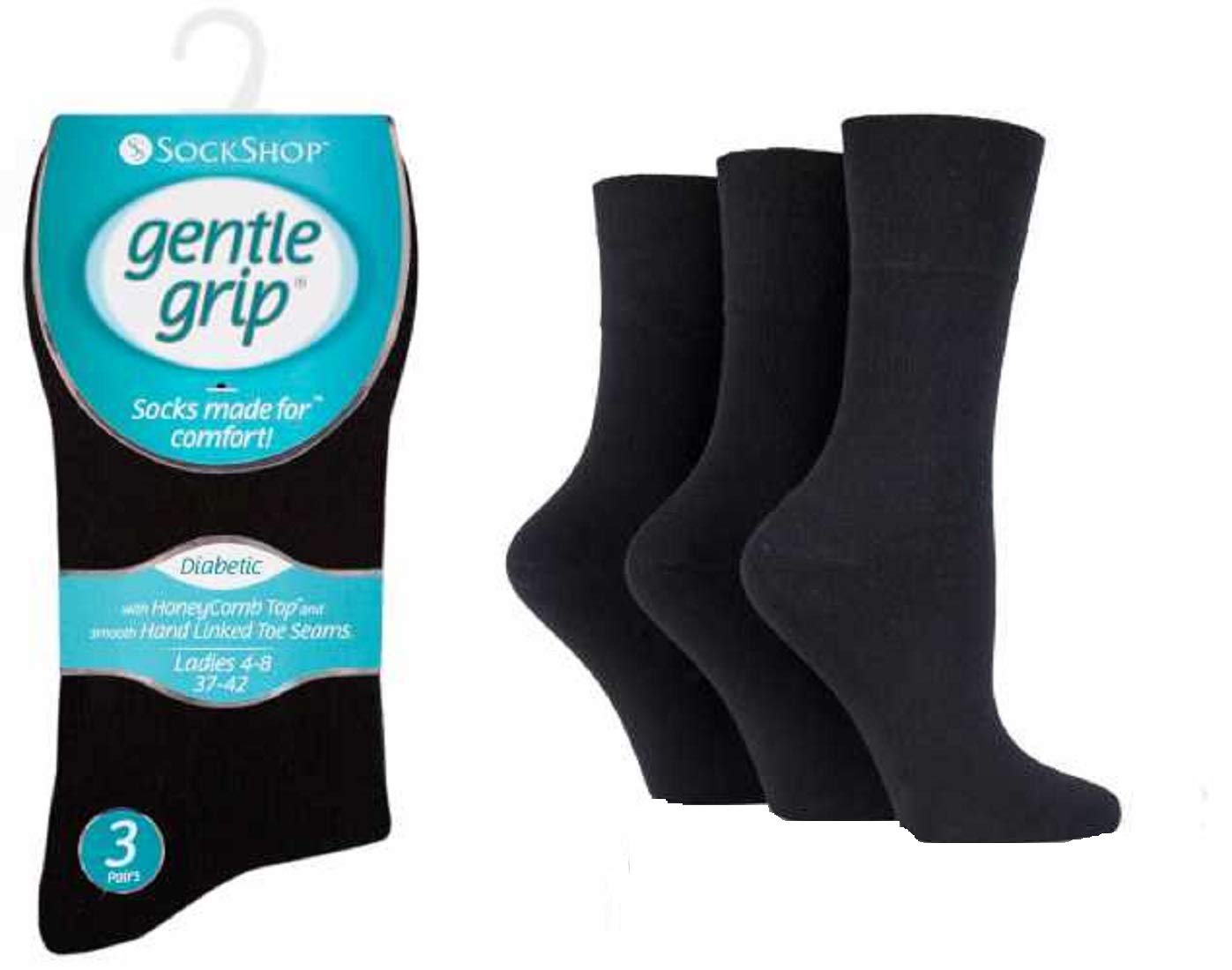 Sock Shop Gentle Grip Women's Black Diabetic Gentle Grip Honeycomb Top Non Elastic Seamless Socks 3 Pairs (Black) Size 4-8