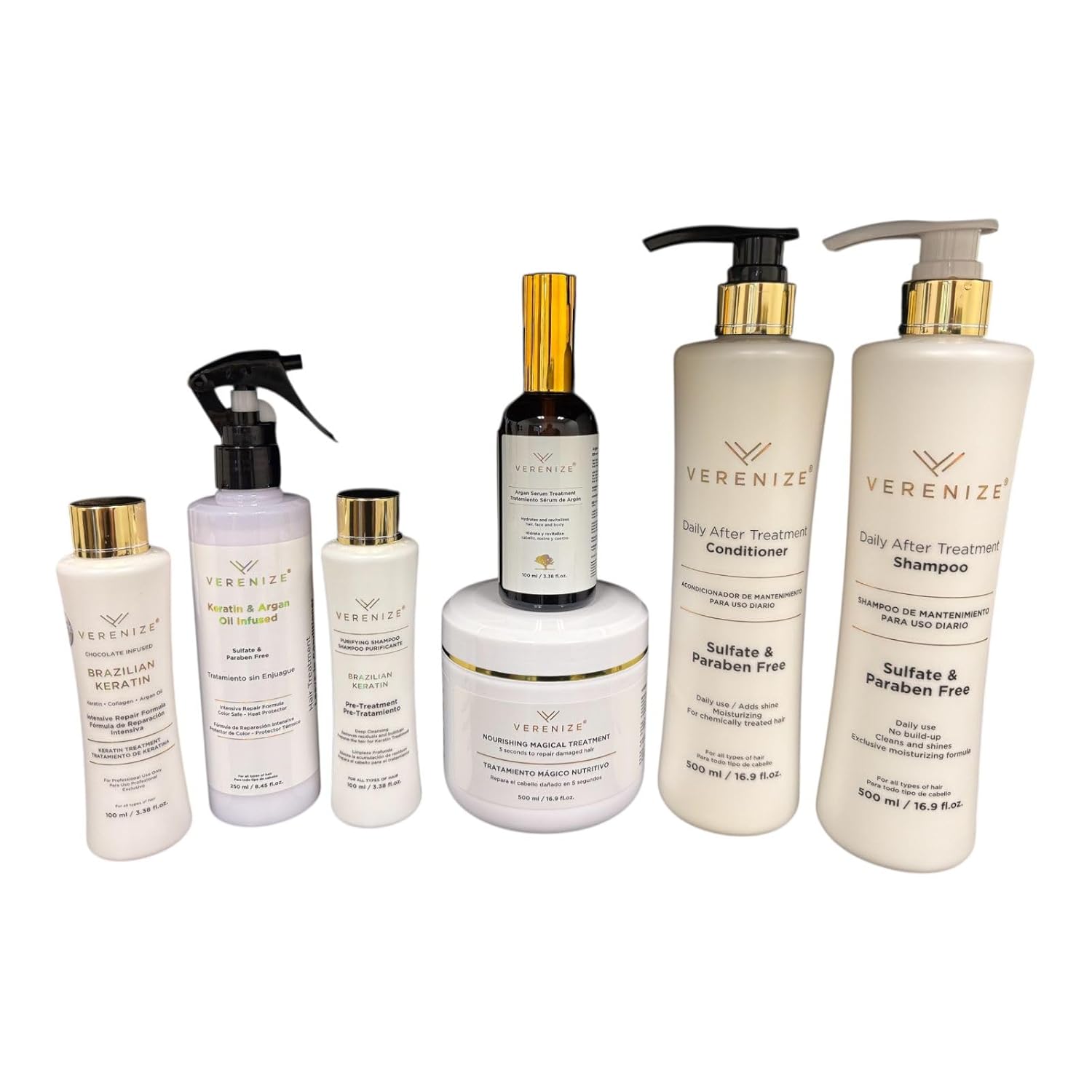 Verenize Brazilian Keratin Hair Treatment Set, Professional Smoothing and Straightening System, 7 Pieces | Before & After Care!