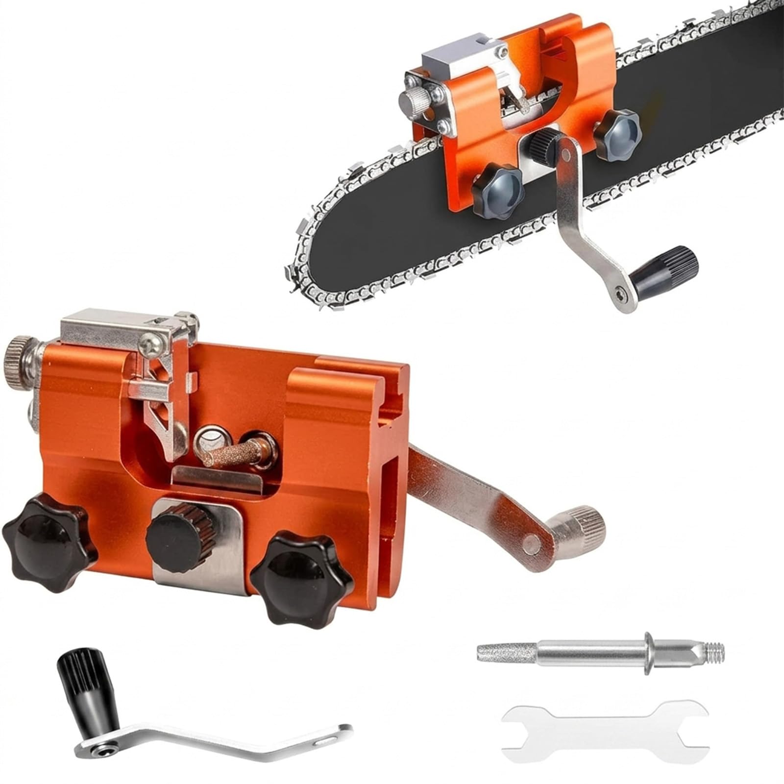 Chainsaw Sharpener, Professional Chain Saw Sharpening Tool with Hand Crank Operation, Portable Chainsaw Sharpener Kit for Garden Maintenance and Forestry Work, Orange Manual Chain Sharpener