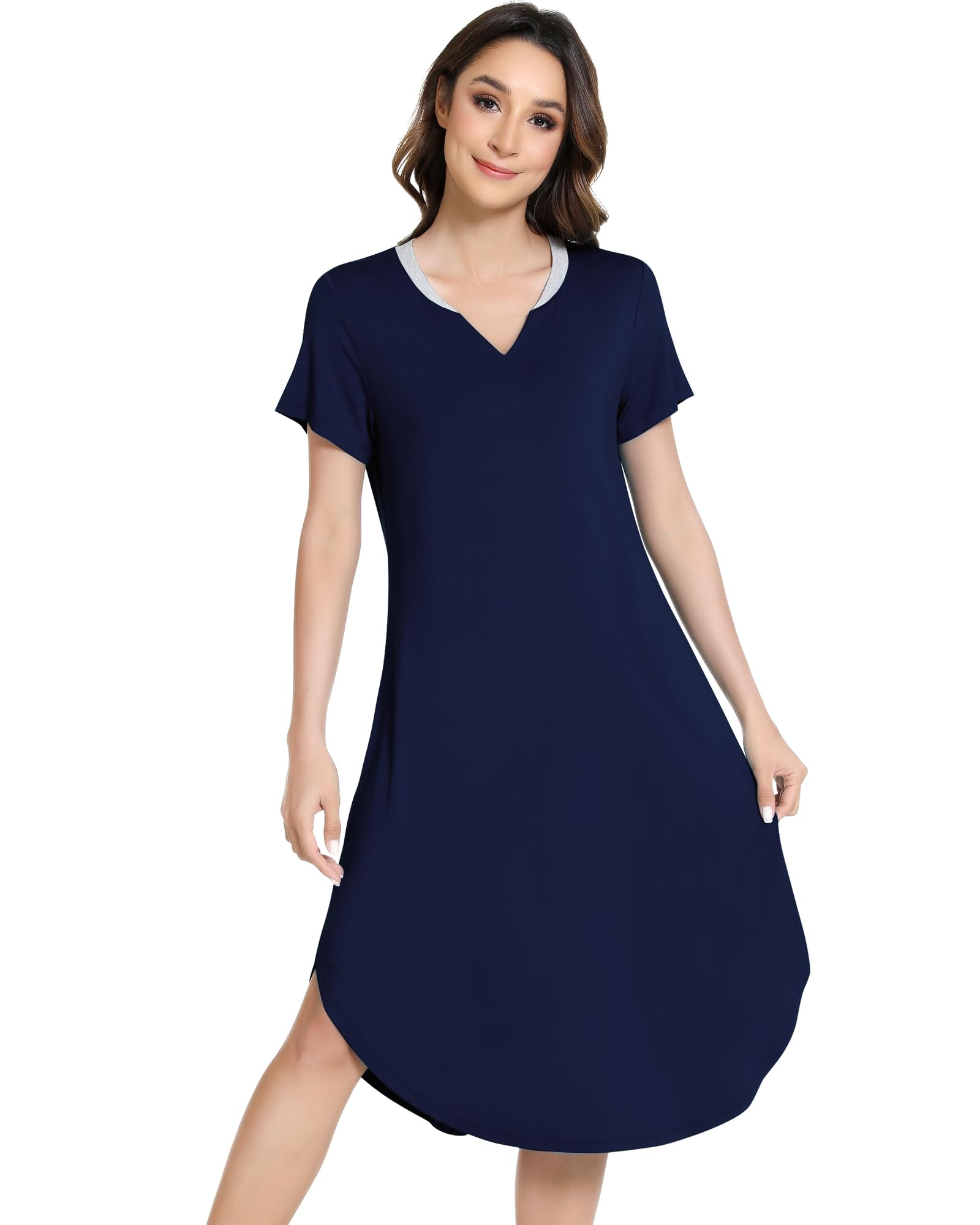 NACHILA Nightgowns for Women-Viscose Made from Bamboo,Short Sleeve Nightshirts V Neck Sleep Shirt Loose Sleep Dress
