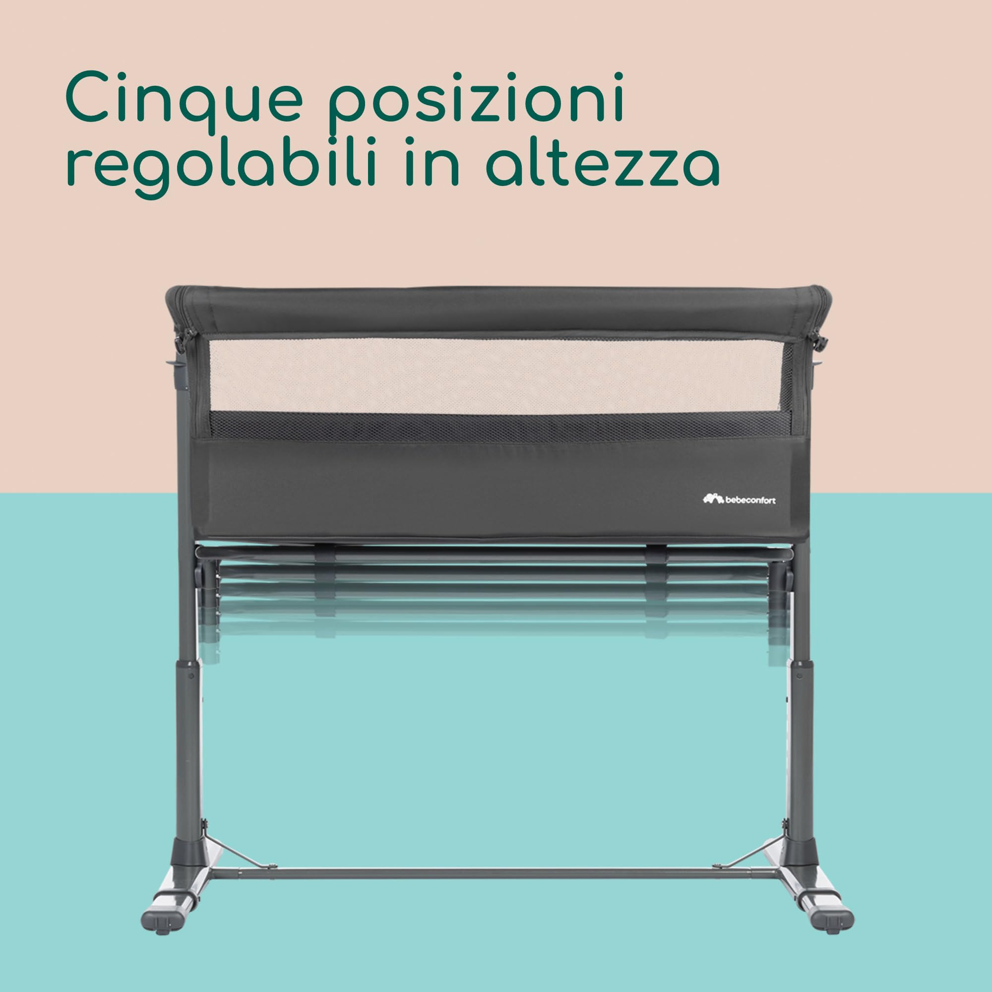 Bebeconfort Zina Culla Neonato Fianco Letto, 0-6 mesi (0-9kg), Lettino Neonato Pieghevole, 5 Altezze Regolabili, Materassino Reclinabile, Mineral Graphite