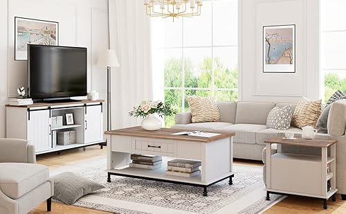 Wampat Premium Farmhouse Tv Stand,Coffee Table,End Table Set Of 3, 1 Large Center Table With Drawers, 1 Sliding Barn Door Tv Stand,1 Nightstand End Side Table,White/Oak #TOP3