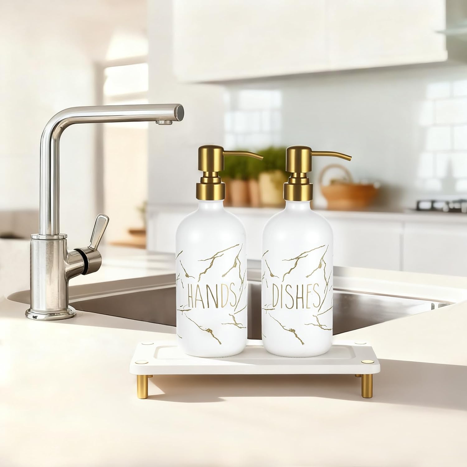 Kitchen Soap Dispenser Set, 16oz Hand and Dish Soap Dispenser Set with 2 Instant Dry Trays, Stainless Steel Pump, Refillable Glass Bottle for Kitchen and Bathroom Countertop (White)