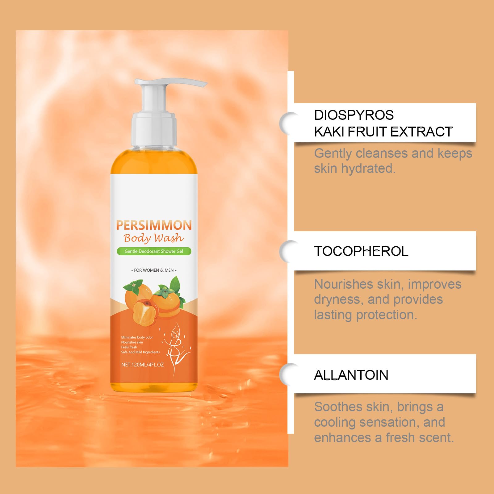 Bagnoschiuma deodorante al cachi per la cura degli odori del corpo, Doccia deodorante G – Bagnoschiuma deocorpo naturale con estratto di cachi, Odor Neu – Doccia deobagno con, puro (8 bottiglie)