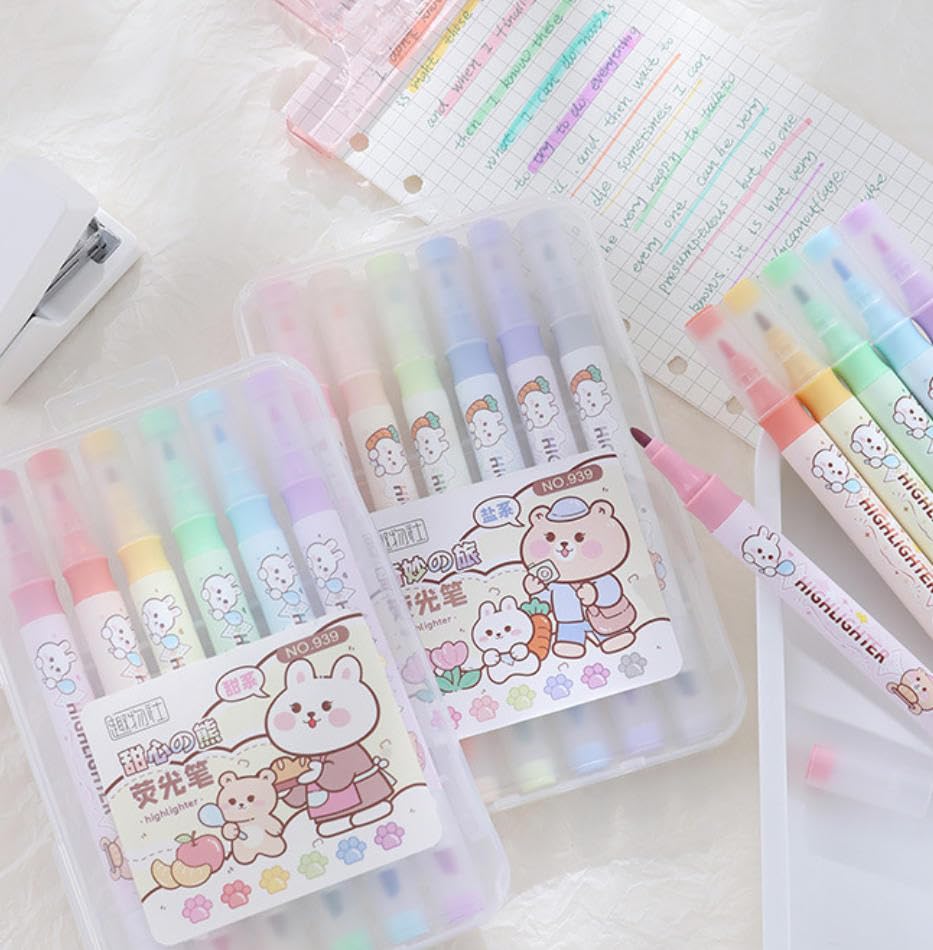 YOSKAEDI 12 rotuladores fluorescentes pastel con dos puntas, juego de subrayadores, cinceles y rotuladores finos, rotuladores pastel para diarios, suministros escolares