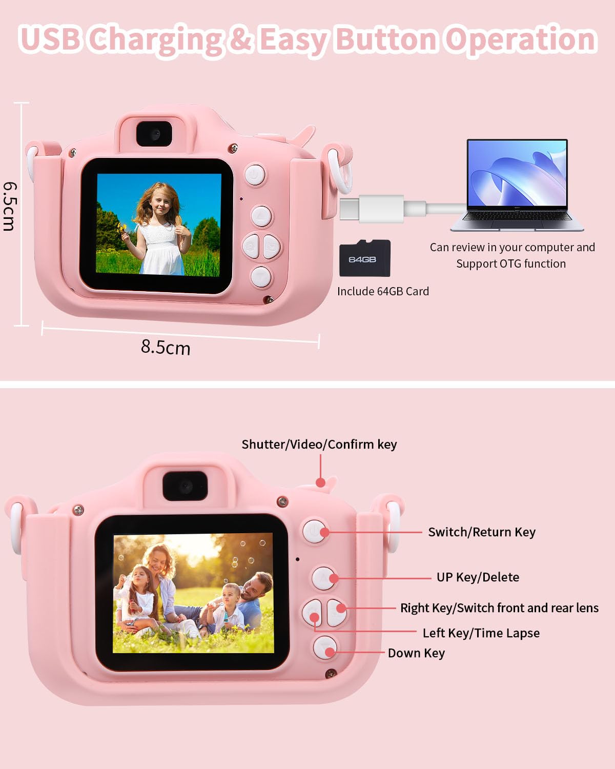 Aparat dla dzieci, ekran 1080p, aparat dla dzieci, z kartą 64 GB, aparat cyfrowy do selfie, dla dzieci w wieku 3-12 lat, dla chłopców i dziewczynek, prezent urodzinowy, zabawka na Boże Narodzenie