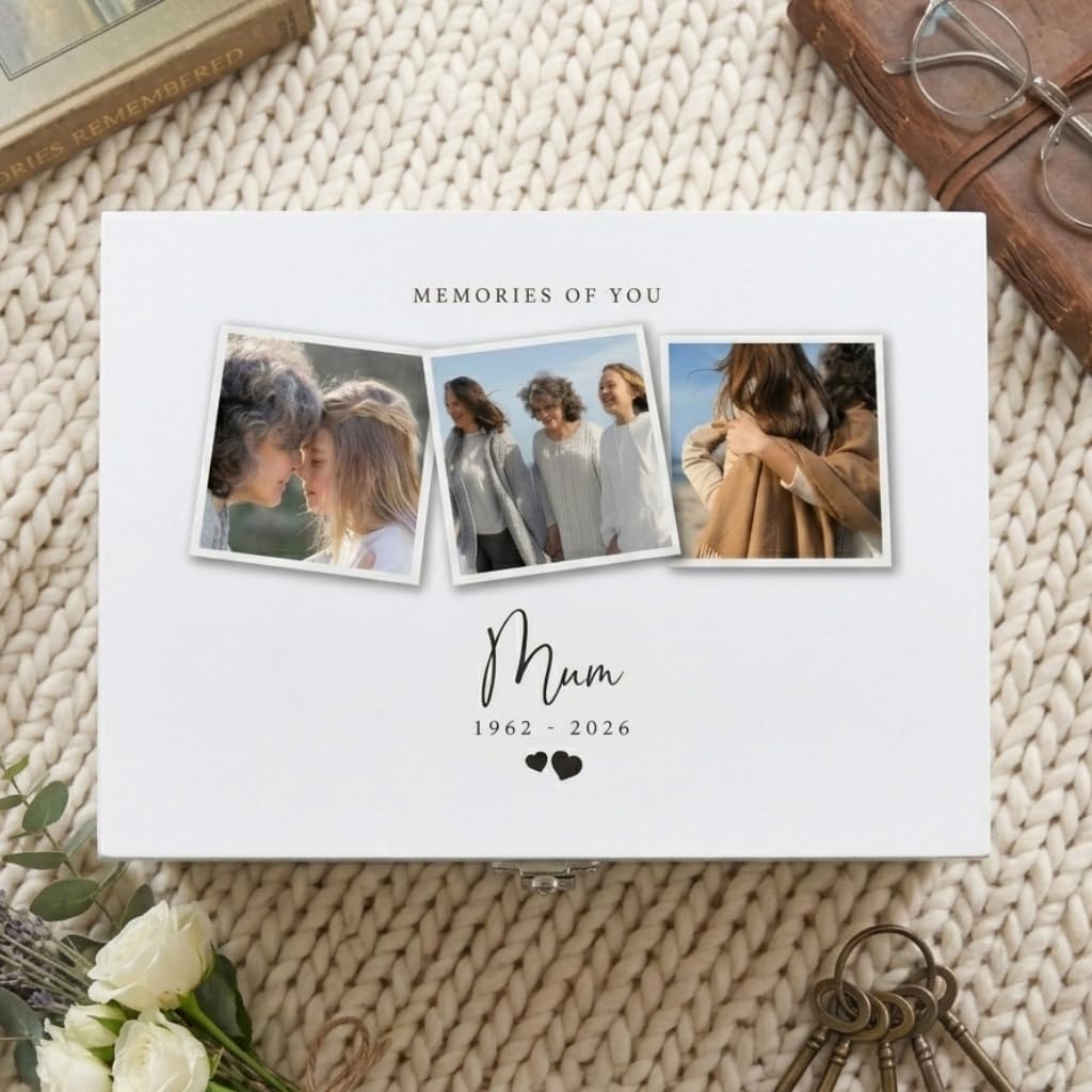 Caja de recuerdos personalizable de madera blanca para recuerdos de duelo | Bisagras y cierre de metal | Fecha de nombre personalizado | 27 cm de ancho x 19 cm de profundidad x 14 cm de alto