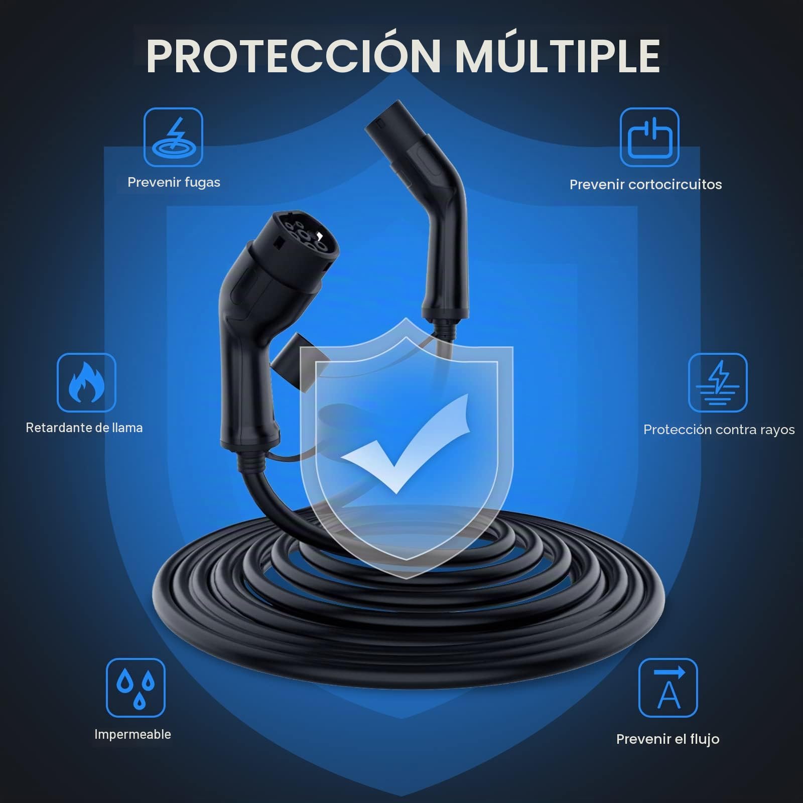 Cable de Carga Coche Eléctrico Tipo 2 32A | 22kW | Trifásico | 5 Metros | Compatible Con Coches Eléctricos Europeos BEV PHEV