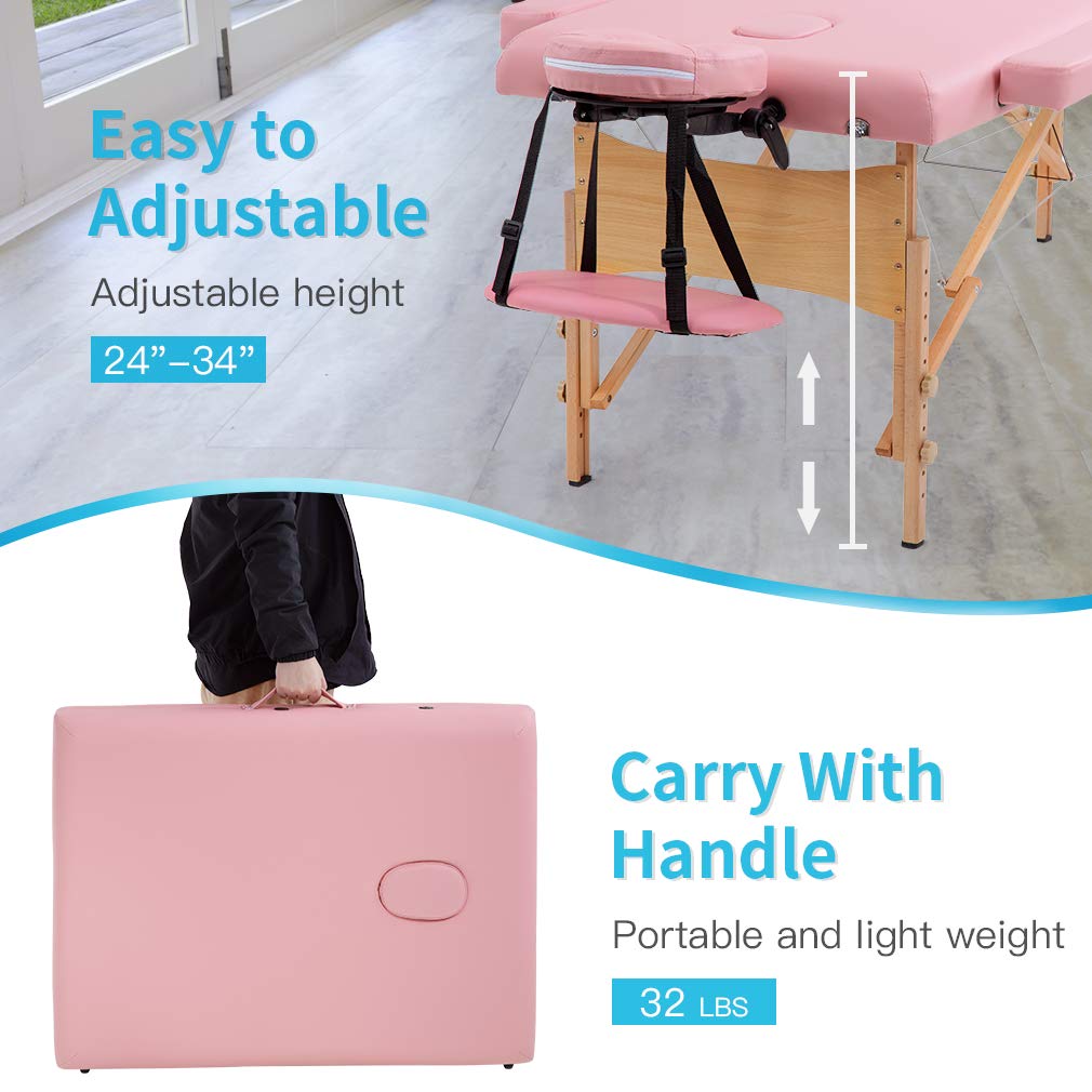 BestMassage Massage Bed Portable Massage Table 24 inch Wide Lash Bed Height Adjustable 2 Folding Spa Table with Non-Woven Bag for Spa Footmassage Facial CareSpa Tattoo: 28 inch wide Pink