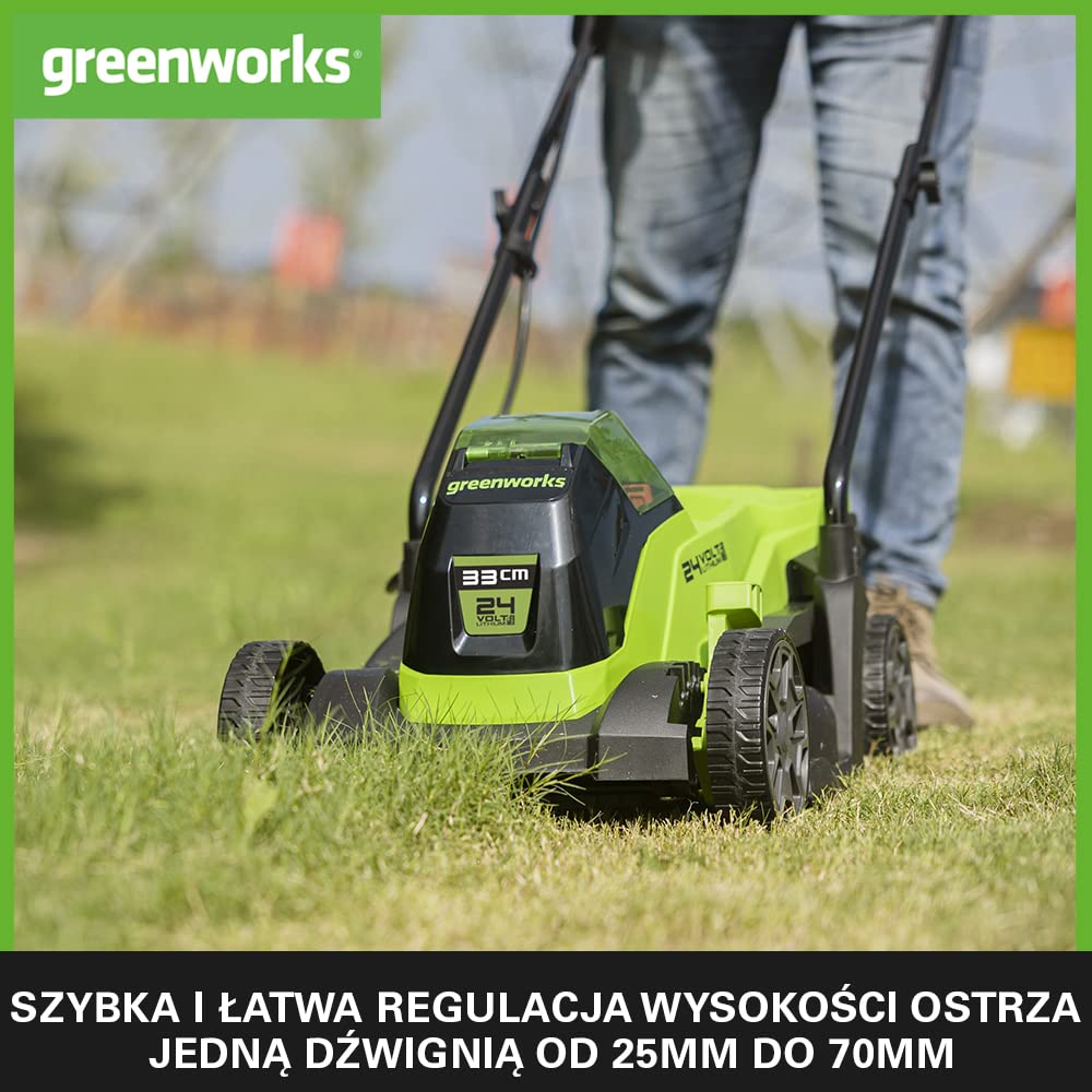 Greenworks GD24LM33 Kosiarka Akumulatorowa z Silnikiem Bezszczotkowym do Mniejszych Trawników do 280 m², Szerokość Koszenia 33 cm, torba 30l BEZ Baterii i Ładowarki 24 V, 3 Lata Gwarancji