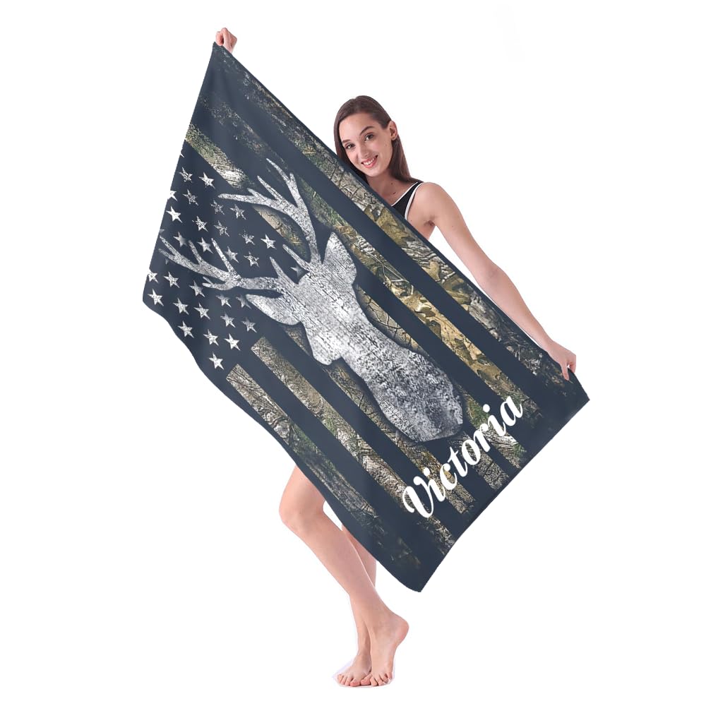 CUXWEOT Custom Microfiber Beach Towel Mat with Name Personalzied American Flag Camo Deer Quick Dry Absorbent Bath Towels Blanket Tapestry for Travel Swim Yoga Boys Girls Women Men