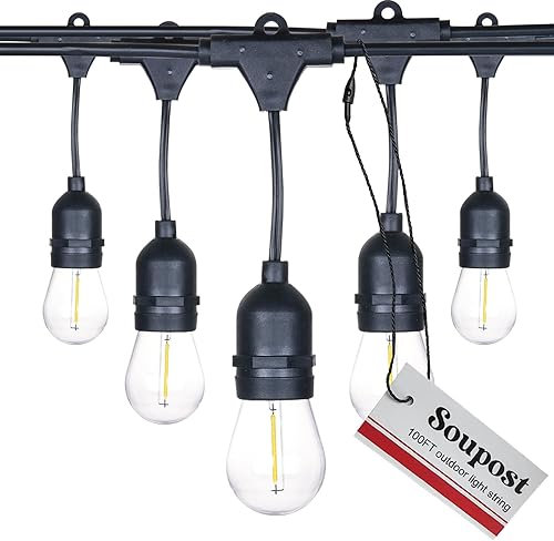 Cadena de luces LED para exteriores, cuerda de 100 pies para patio al aire libre, 32 bombillas Edison retro, 30 enchufes colgantes (2 bombillas de