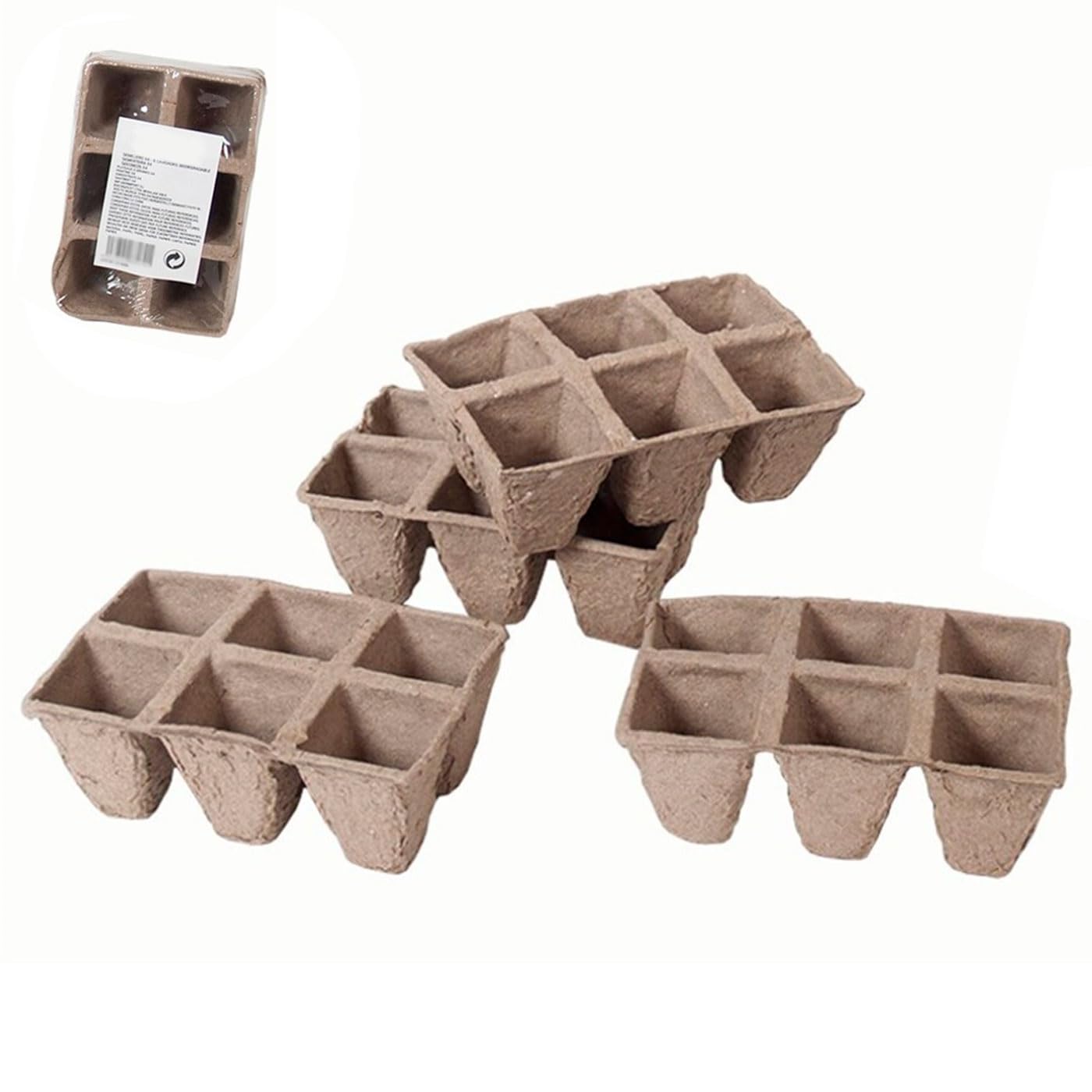 Acan Tradineur - Pack de 72 bandejas de semilleros biodegradables para 6 Plantas, germinación, Papel, Crecimiento, propagación, Cultivos - 12 x 8 x 5,2 cm