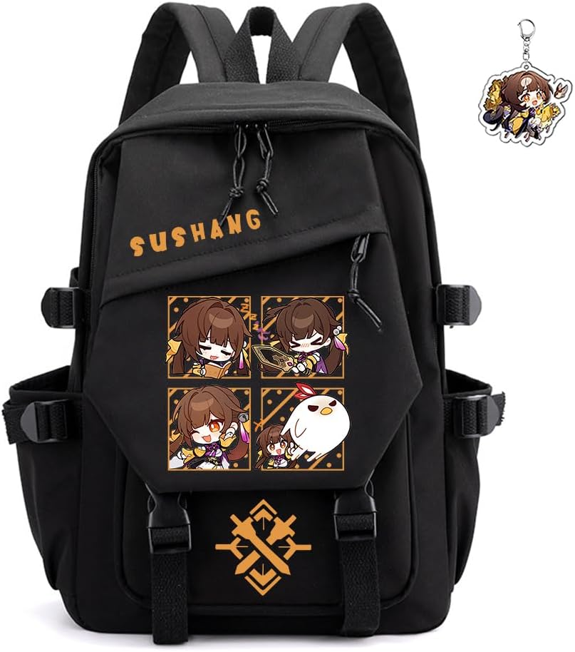Honkai Star Rail Backpack Women Men Unisex Robin Rucksack Firefly Black Bag HSR Kawaii Anime Backpack (Black-Silver Wolf)