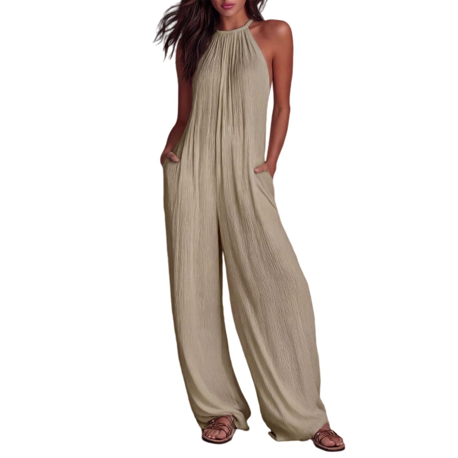 Tuta da donna elegante e festosa, con allacciatura al collo, schiena scoperta | Tuta intera a gamba larga con tasche, morbida e confortevole, casual, lunga, per le vacanze