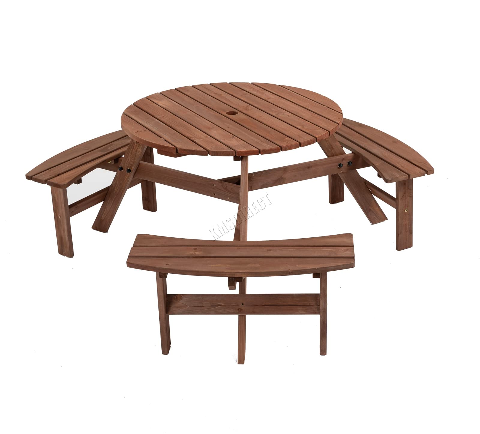 BIRCHTREE Outdoor Wooden Picnic BBQ Round Table Bench Garden Patio Deck Pub Chair 6 Seats Garden Patio Home Park Furniture Fir Wood Brown New