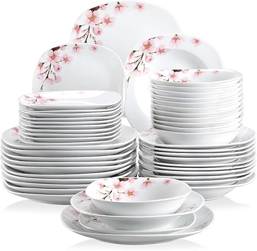 Unknown1 Juego de vajilla floral de 48 piezas para 12 piezas, color blanco, sólido, moderno, contemporáneo, redondo, porcelana, 48 piezas, apto para