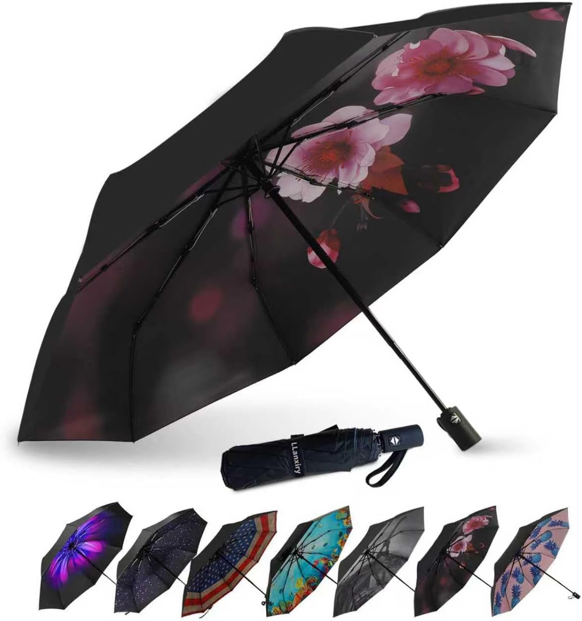 Compact Travel Umbrella, 44" Canopy, Automatic Open/Close Windproof Umbrella, 210T Pongee, 8-Rib Fiberglass, Travel Size Mini, Portable Rain/Sun Umbrellas UPF 50+ with Cover