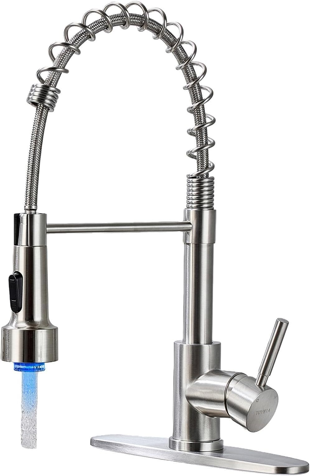 LED Kitchen Faucets with Pull Down Sprayer, Brushed Nickel Commercial Double-Headed Stainless Steel Kitchen Sink Faucet with LED Light for RV Bar Farmhous Laundry Outdoor