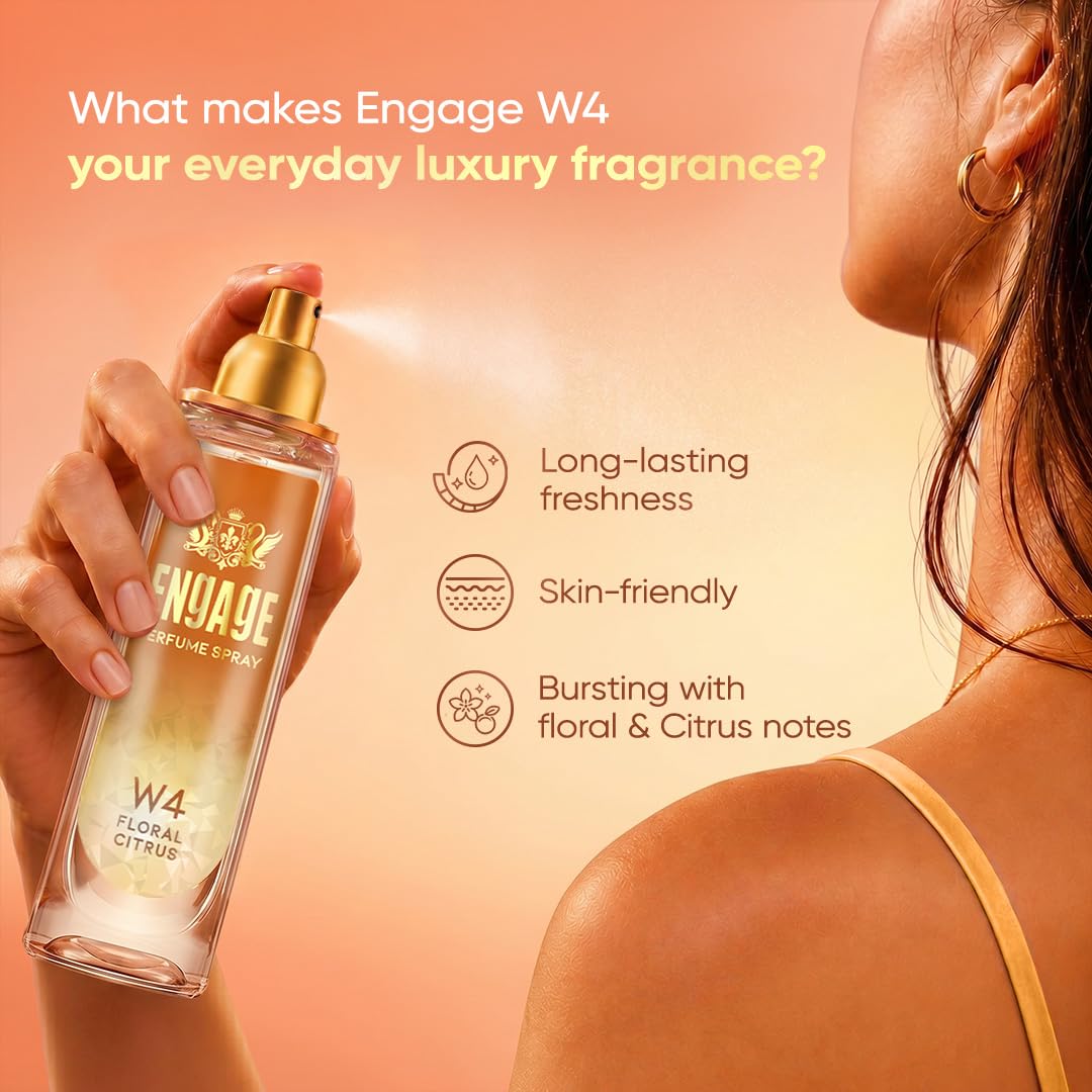 Engage W4 Perfume Spray for Women 120ml | Citrus & Floral | Long Lasting | No Parabens | No Silicones| Dermatologically Tested | Skin Friendly | Crafted for Everyday Luxury | Also try Verona EDP 3