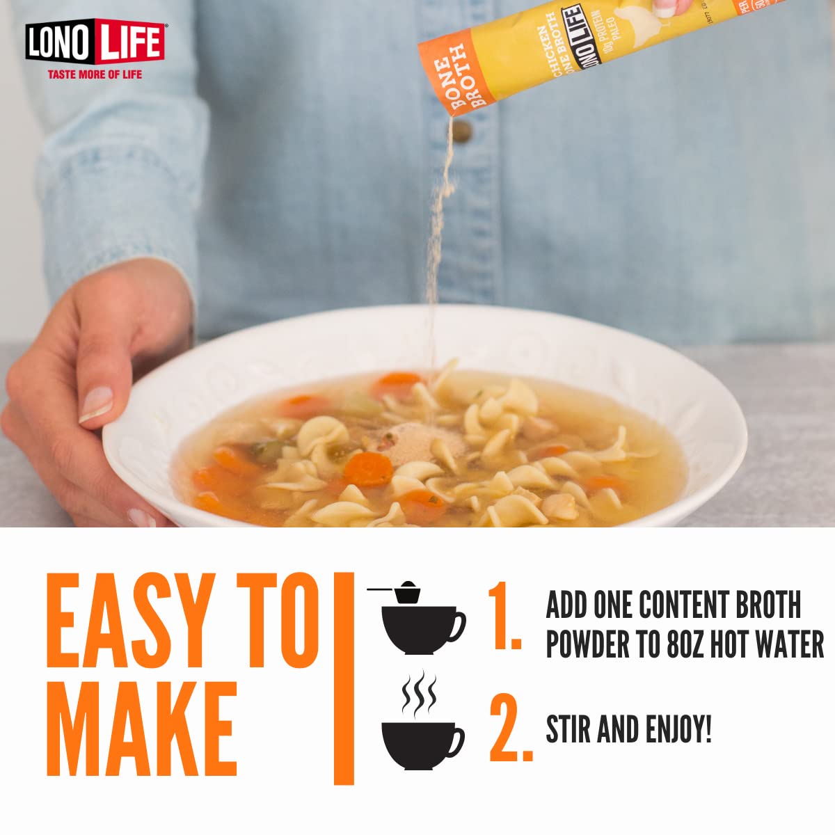 LonoLife Low Sodium Chicken Bone Broth Powder Mix | 10g Protein | Collagen-Rich, Keto & Paleo Friendly | Natural Ingredients | 10 Portable Stick Pack Servings