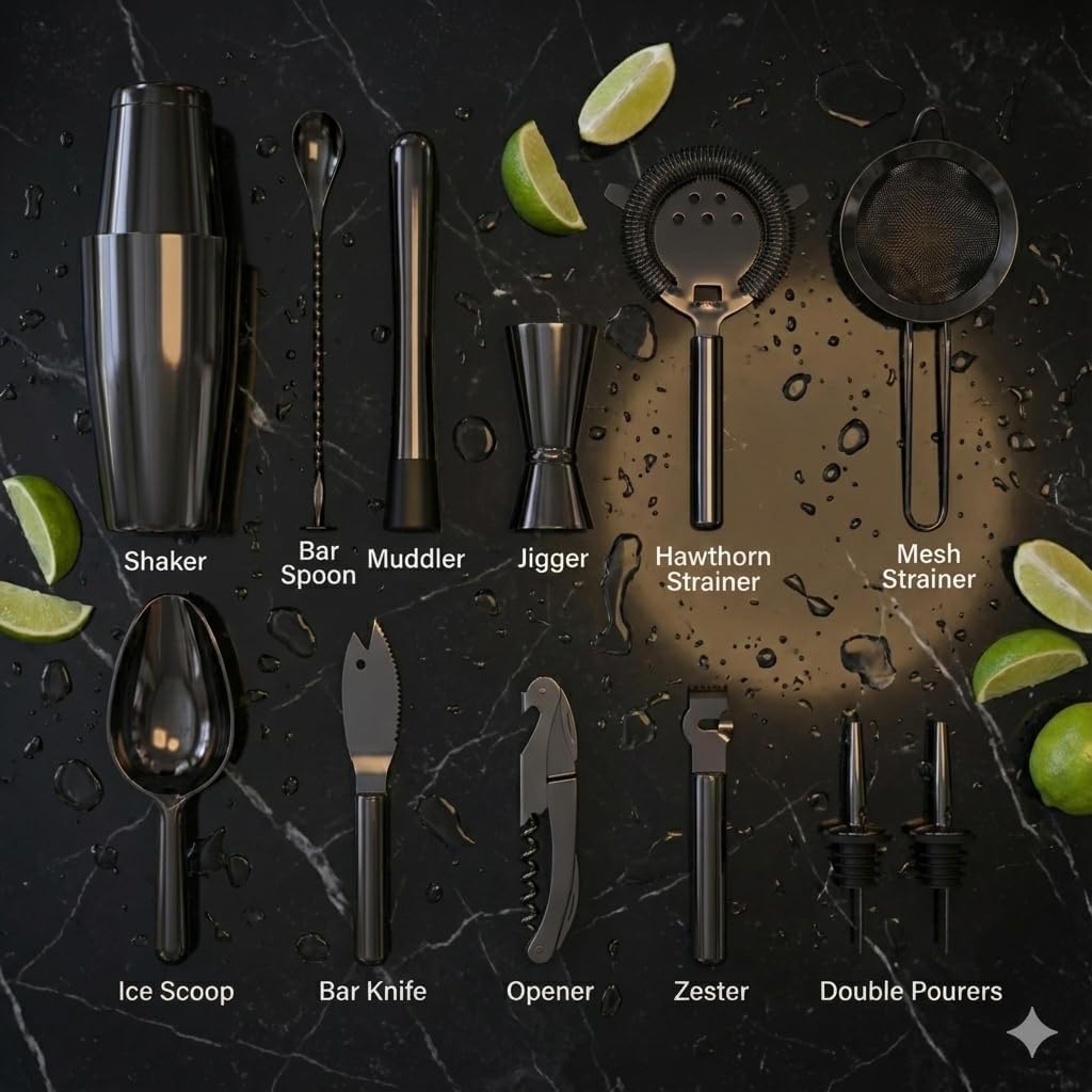 Highball & Chaser 13-Piece Gunmetal Black Stainless Steel Boston Cocktail Shaker Bar Tool Set with Mixology Bartender Kit Accessories - Image 4