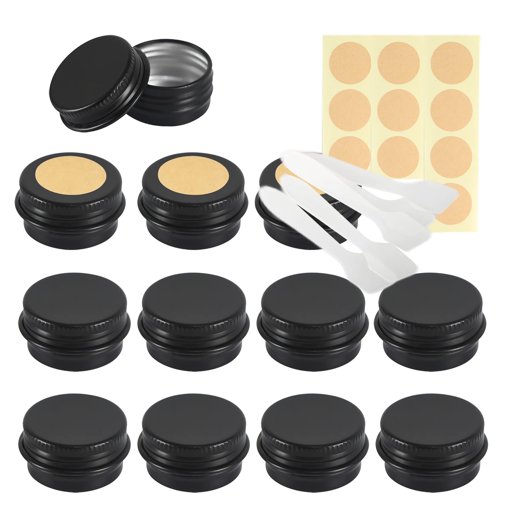 LusDoly Pack of 30 Empty 5ml Matte Black Aluminium Tins with Lids - Ø26x15mm Aluminum Screw Pots Travel Round Cosmetic Cream Container Jars for Candle Lip Balm, Salve, with Spatulas & Labels