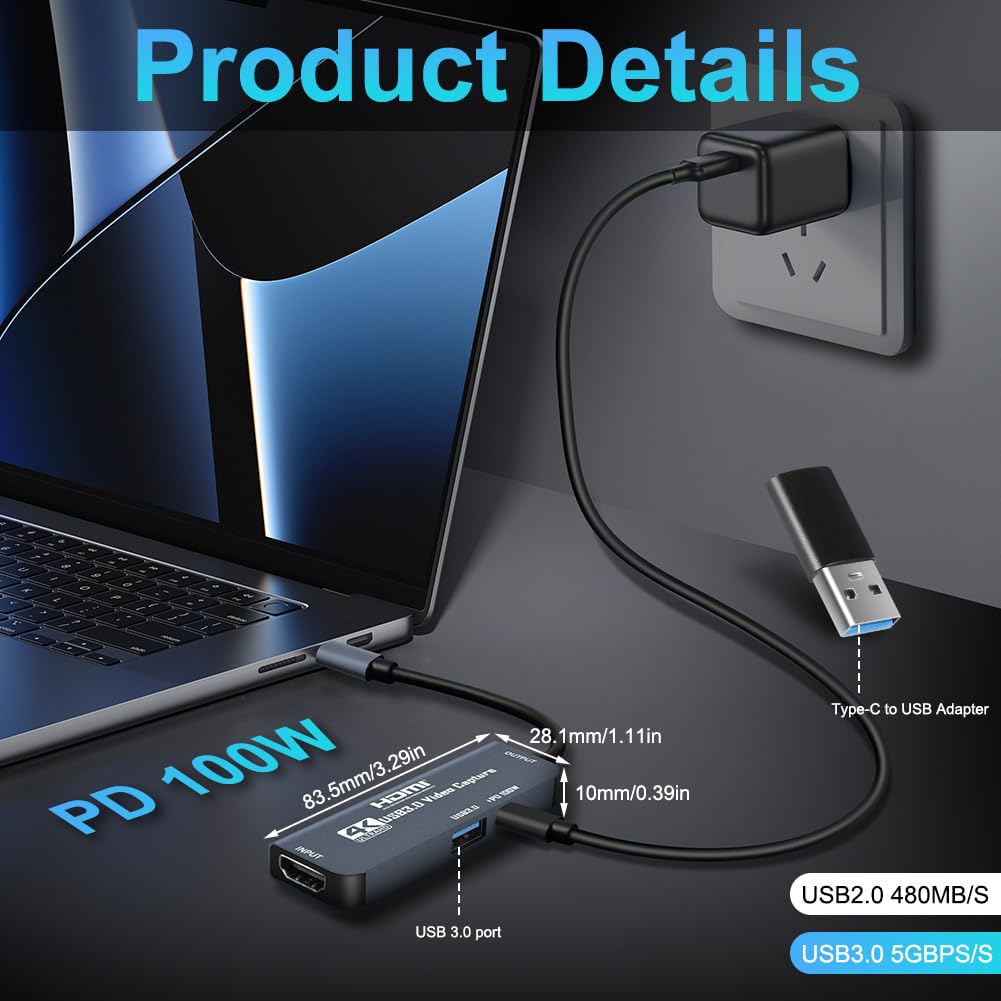 Flintronic Scheda Acquisizione Video, USB 3.0 con 100 W PD, HDMI a 4K 1080P 60 per MacOS/Quest 3/Switch/PS4/PS5 Live Broadcast Gaming Streaming