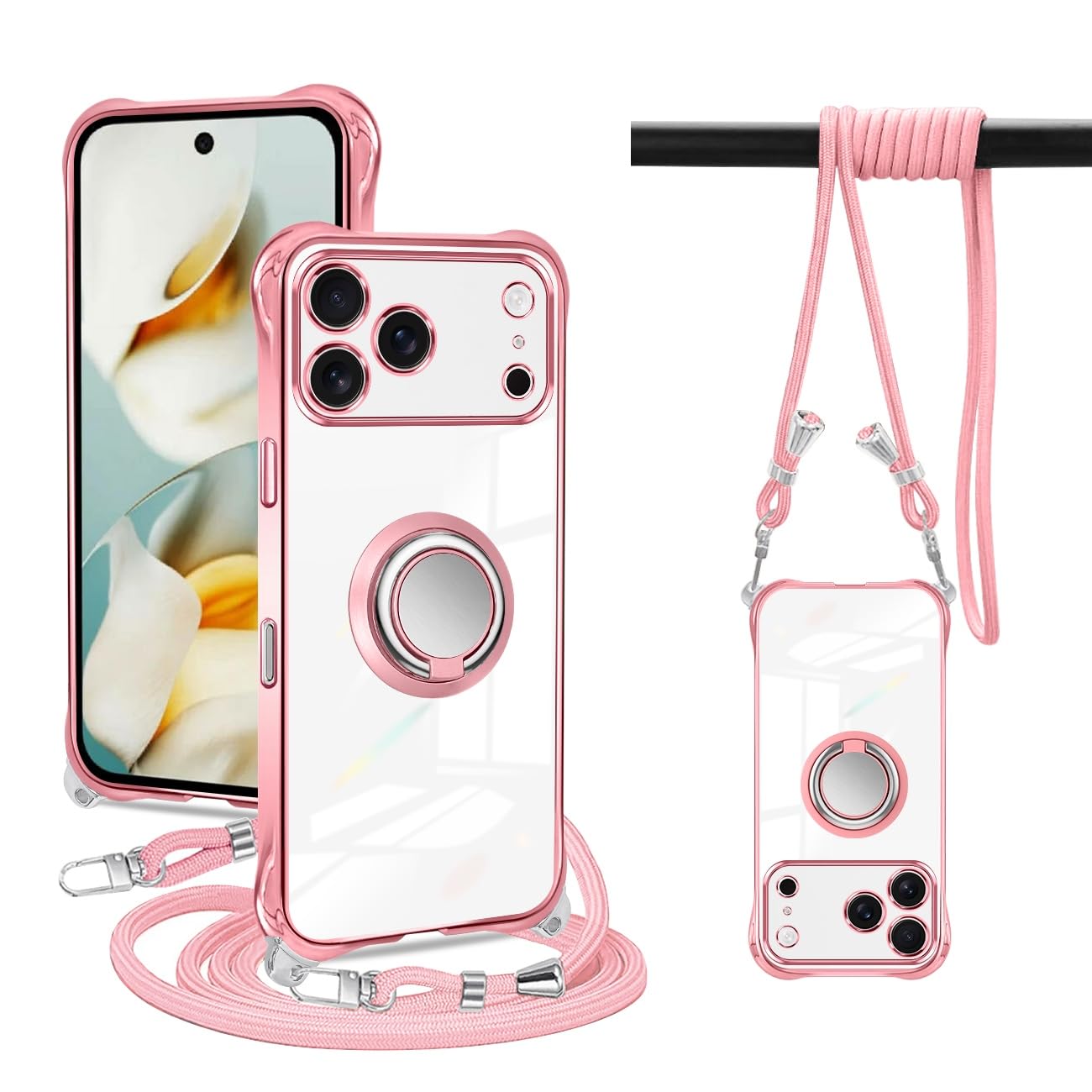 iPhone 17 Pro Max ケース クリア ネック リング付き ショルダー アイフォン17 pro max カバー 耐衝撃 対応 いphone 17 pro maxスマホケース 360°回転スタンド 肩掛け 斜めかけ 縄掛けケース 透明 TPU ストラップ付き 薄型 軽量 紐付き ネックストラップ ショルダー 肩掛け 縦/横 2WAY 長さ調整可能 取り外し可能 落下防止(ローズゴールド)