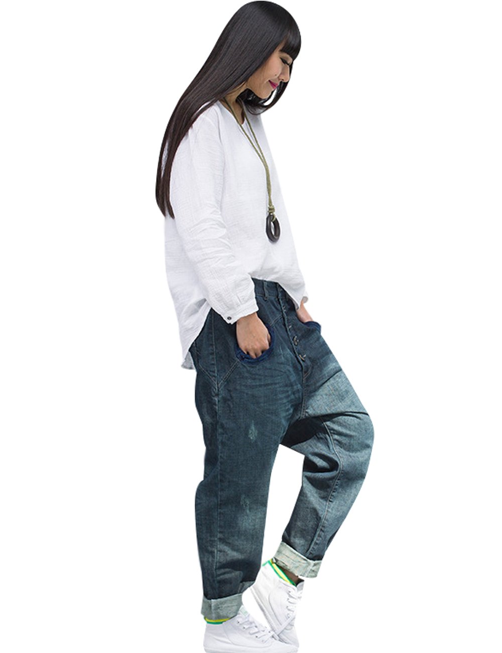Youlee Femmes Pantalon élastique en Harem de Taille Jeans en Coton