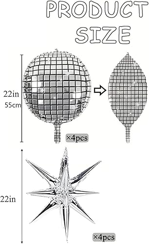 Miniatura 2 de 8 globos plateados de bola de discoteca de 22 pulgadas, globos metálicos grandes de espejo 4D con gran estrella de explosión para fiestas temáticas