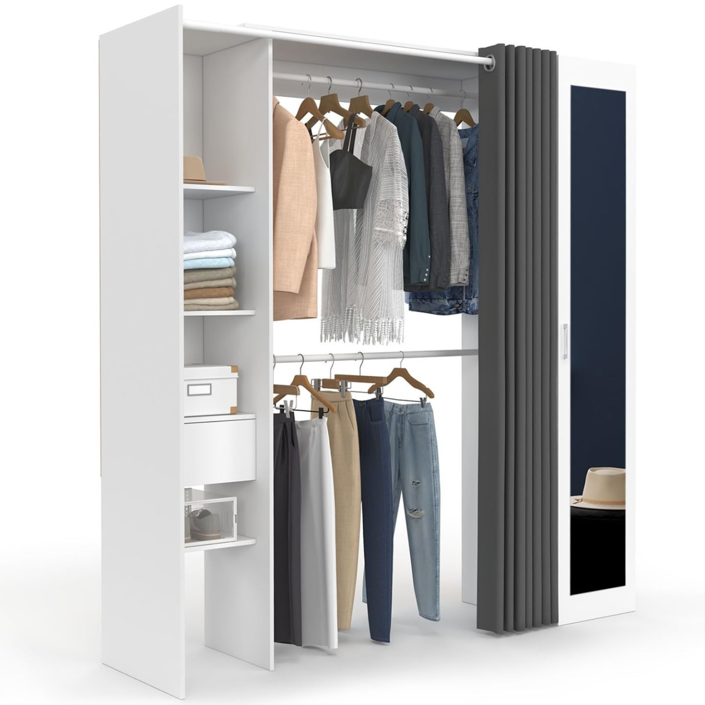 IDMarket - Dressing extensible MERYL 145/170 x 50 x 180 cm blanc avec étagères + double penderie + miroir + rideau gris