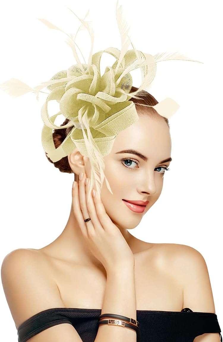 Specell Handmade Fascinator Tea Party Hat for Women, Derby Hat with Feathers Headbands Equipped with Hair Clips and Fasteners
